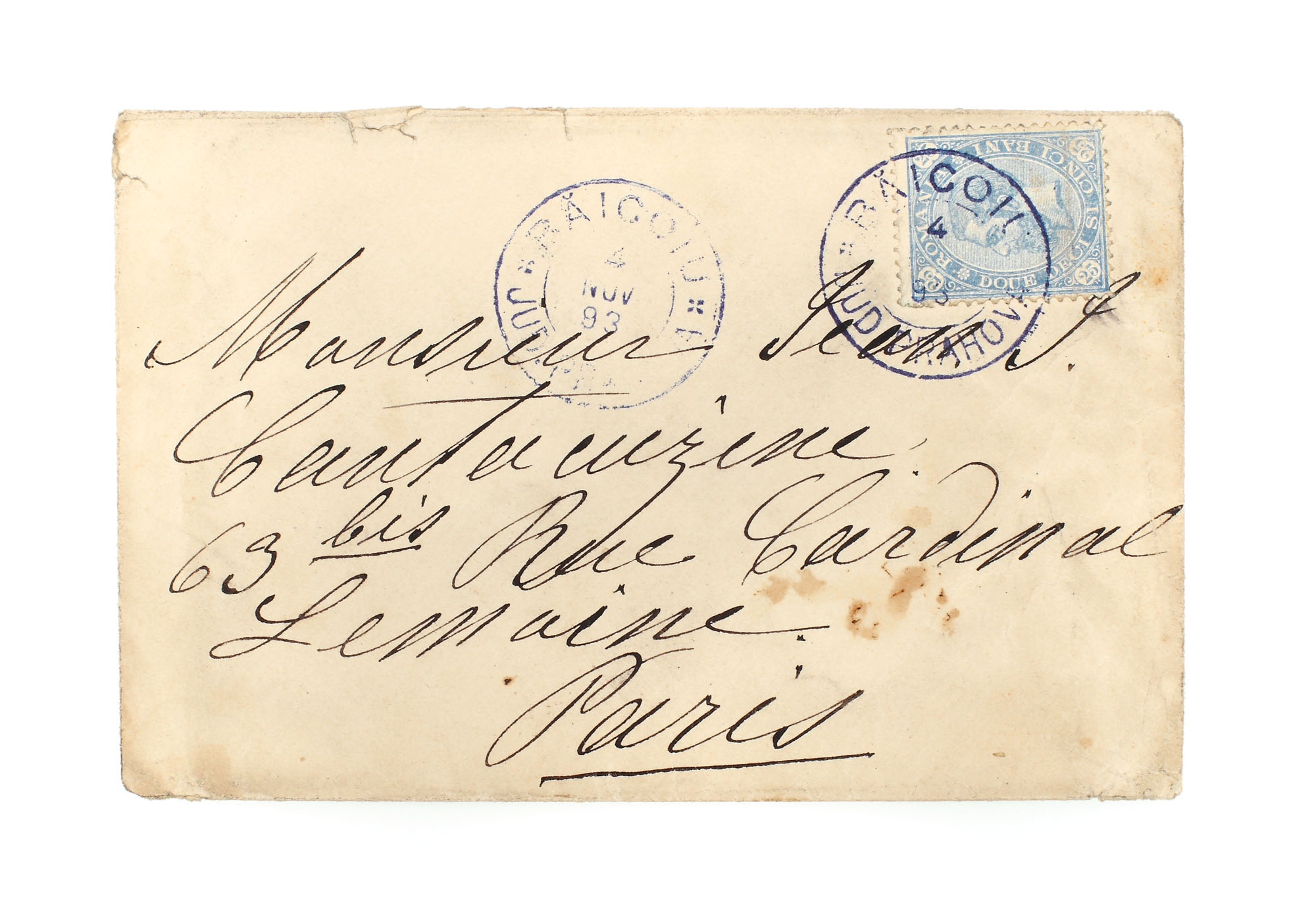 Envelope franked with a "Carol - value in four corners" 25 bani stamp, sent from Băicoiu to Paris, 4 November 1893