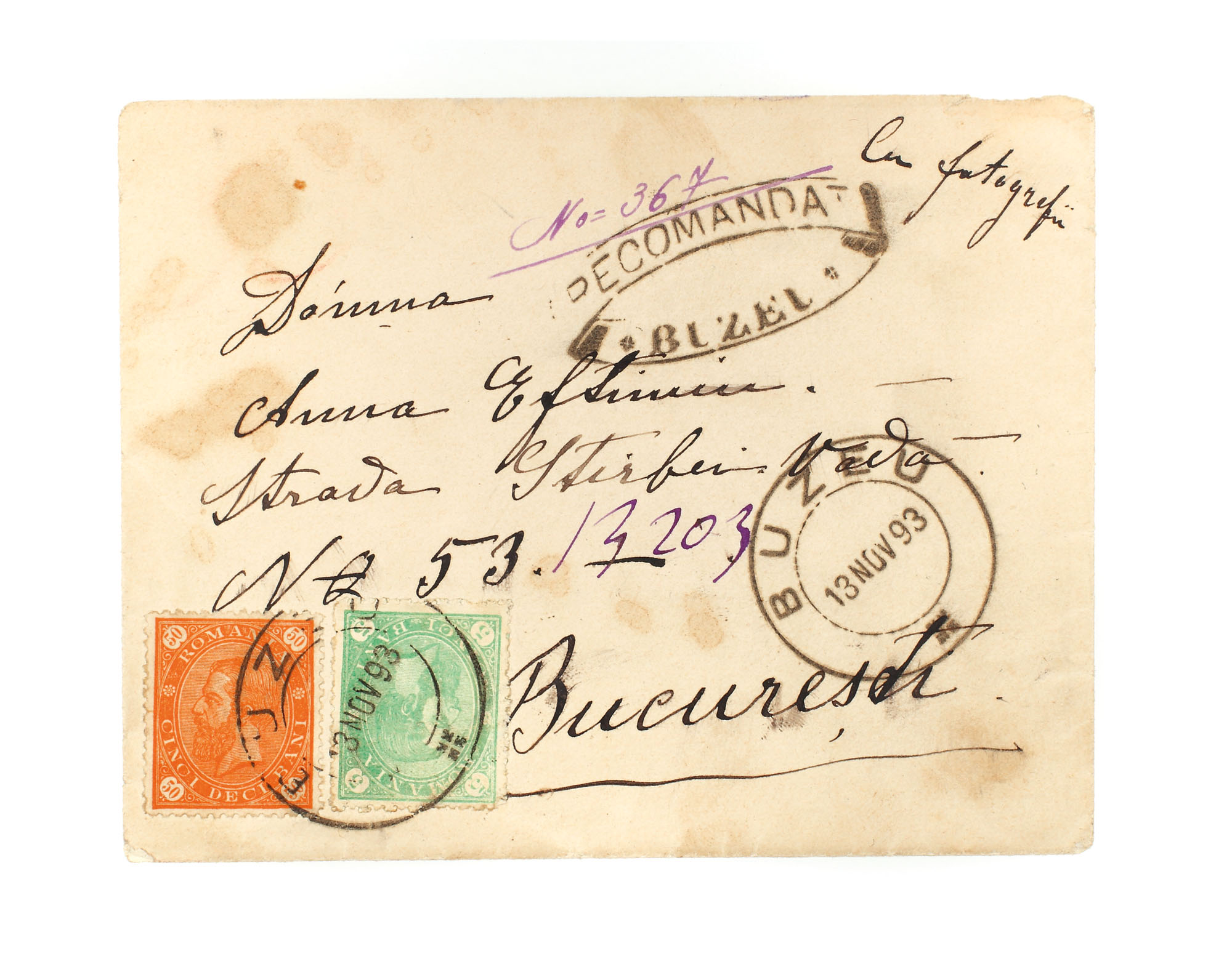 Envelope franked with two "Carol - value in four corners" stamps, 3 and 50 bani, sent from Buzău to Bucharest, 13 November 1893