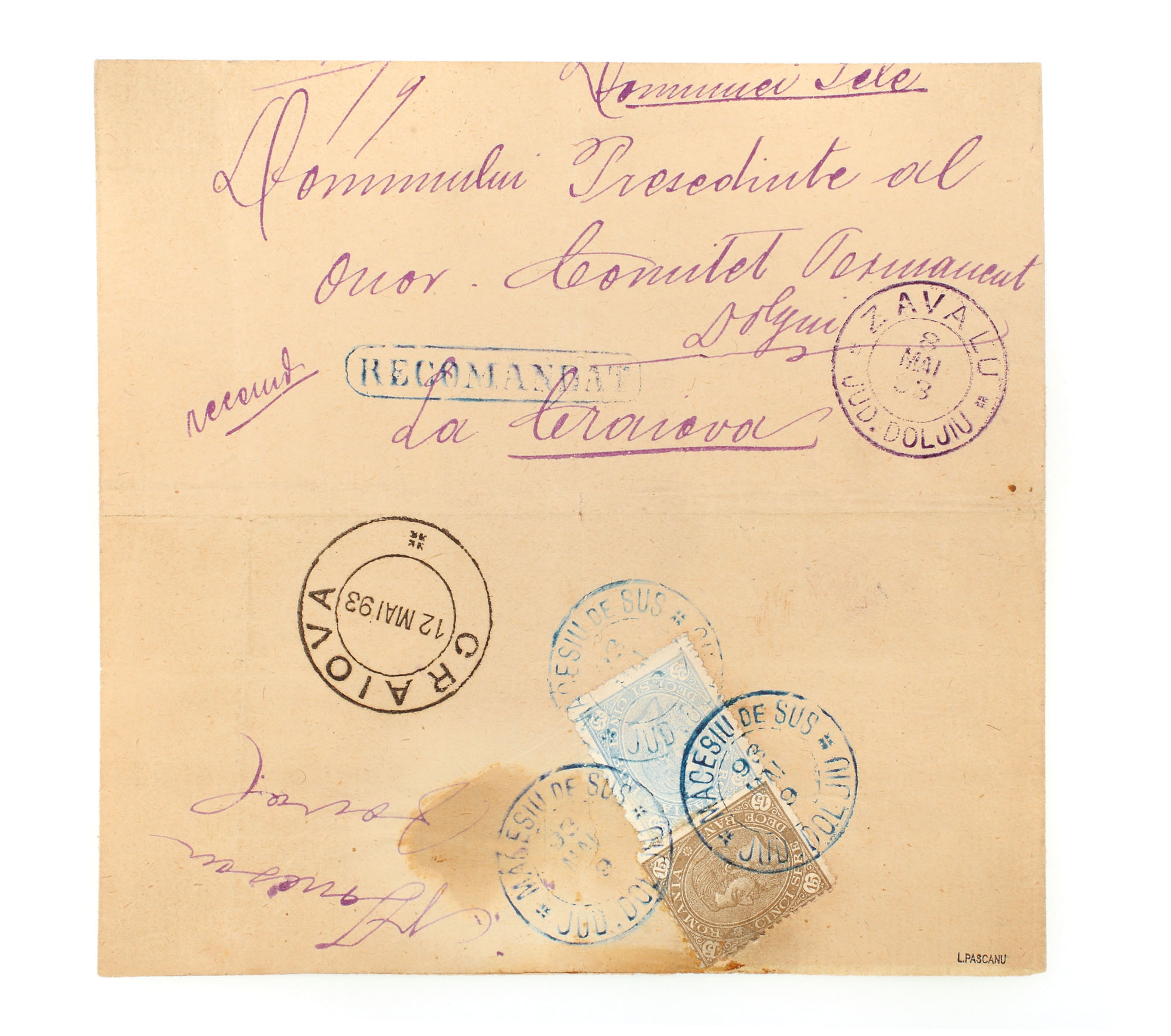 Envelope franked with two "Carol - value in four corners" stamps, 15 and 25 bani, sent from Măceșiu de Sus to Craiova, 9 May 1893