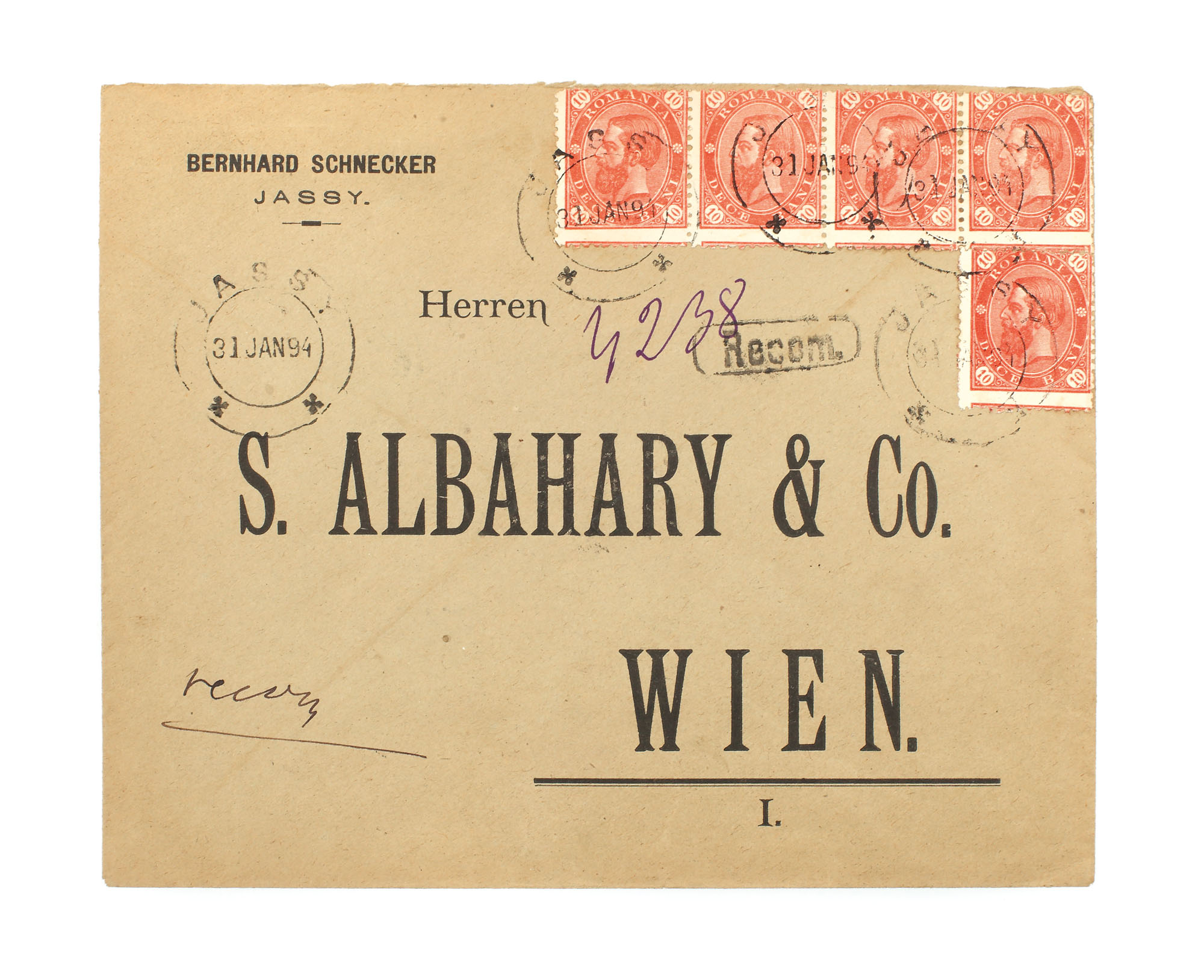 Envelope franked with five "Carol - value in four corners" stamps, 10 bani each, sent from Iași to Vienna, 31 January 1894