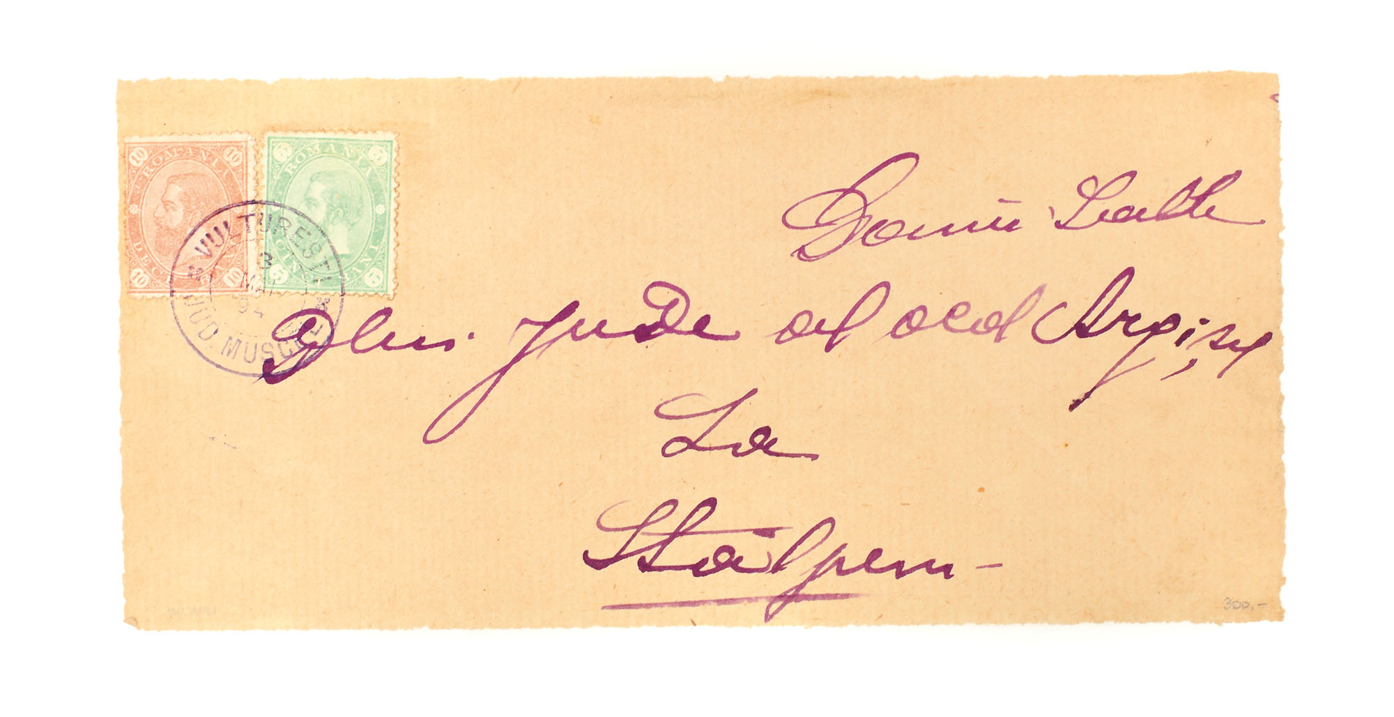 Envelope franked with two "Carol - value in four corners" stamps, 5 and 10 bani, sent from Stâlpeni to Vulturești, 3 May 1894