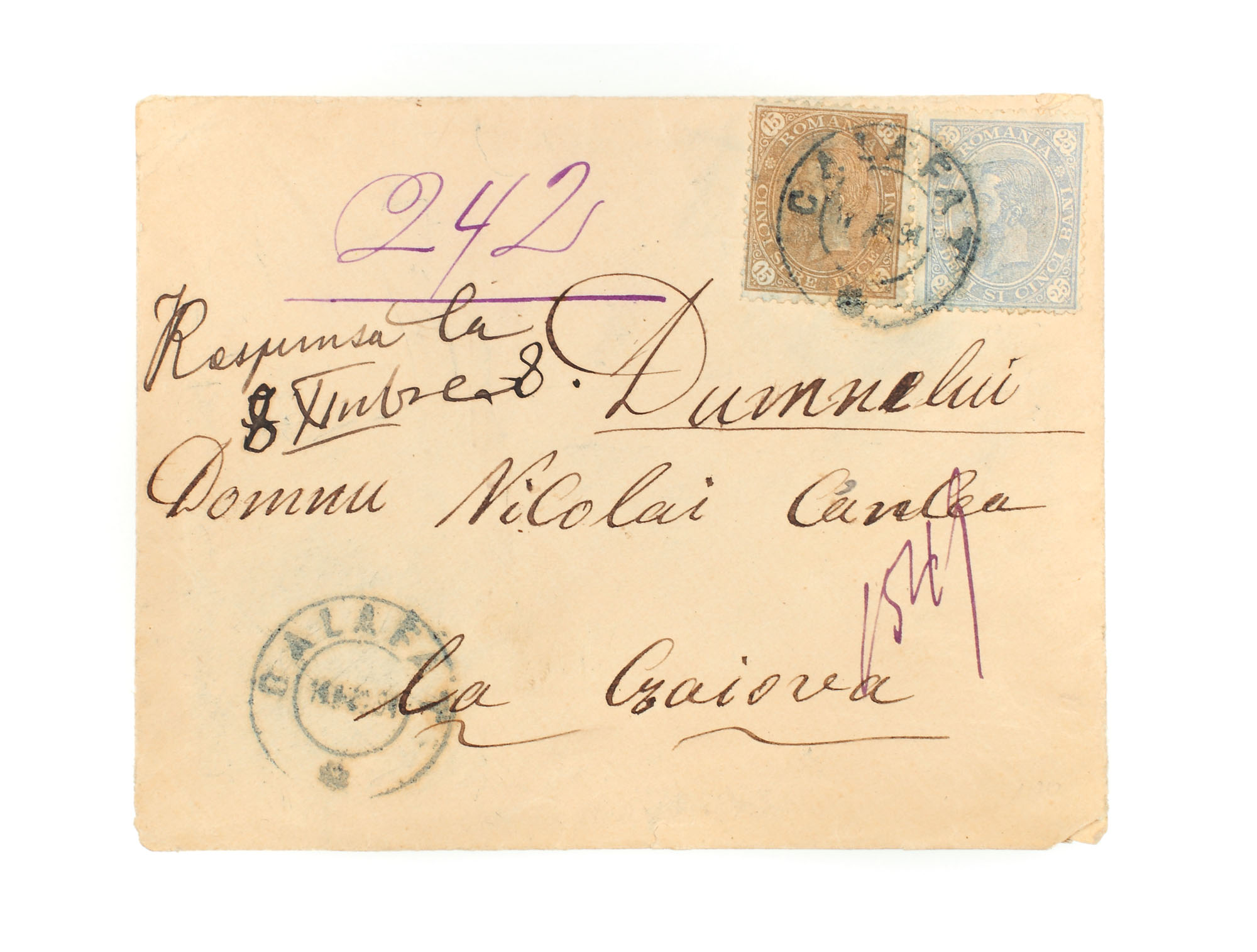 Envelope franked with two "Carol - value in four corners" stamps, 15 and 25 bani, sent from Calafat to Craiova, 14 October 1894