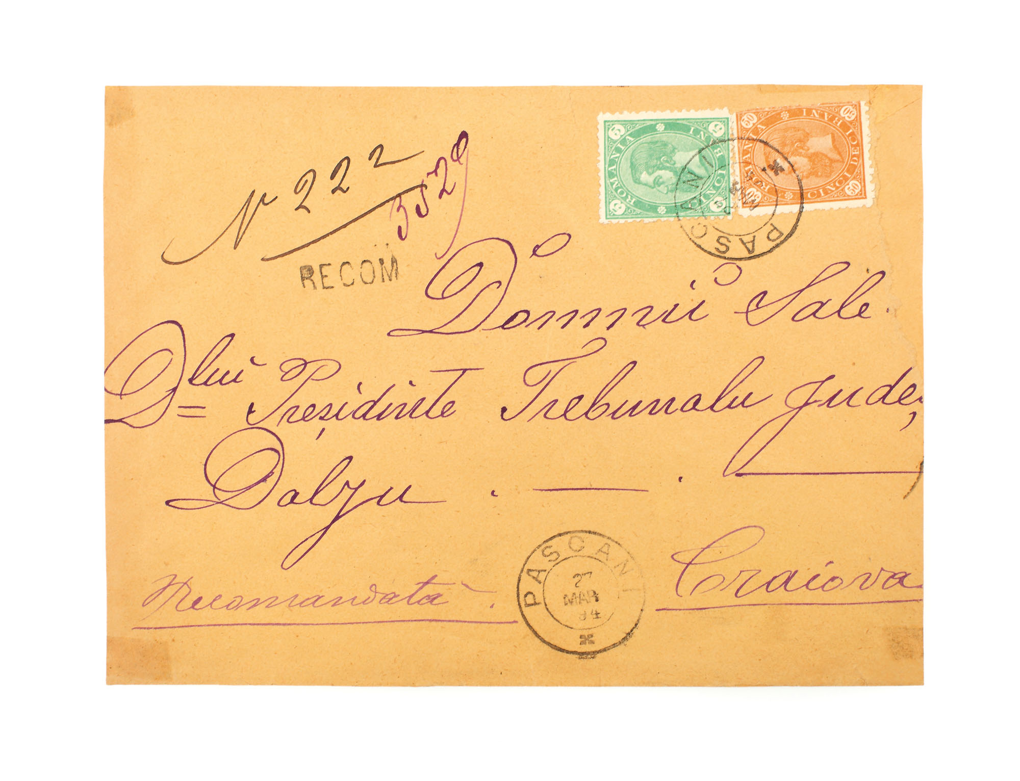 Envelope franked with two "Carol - value in four corners" stamps, 5 and 50 bani, sent from Pașcani to Craiova, 27 March 1894