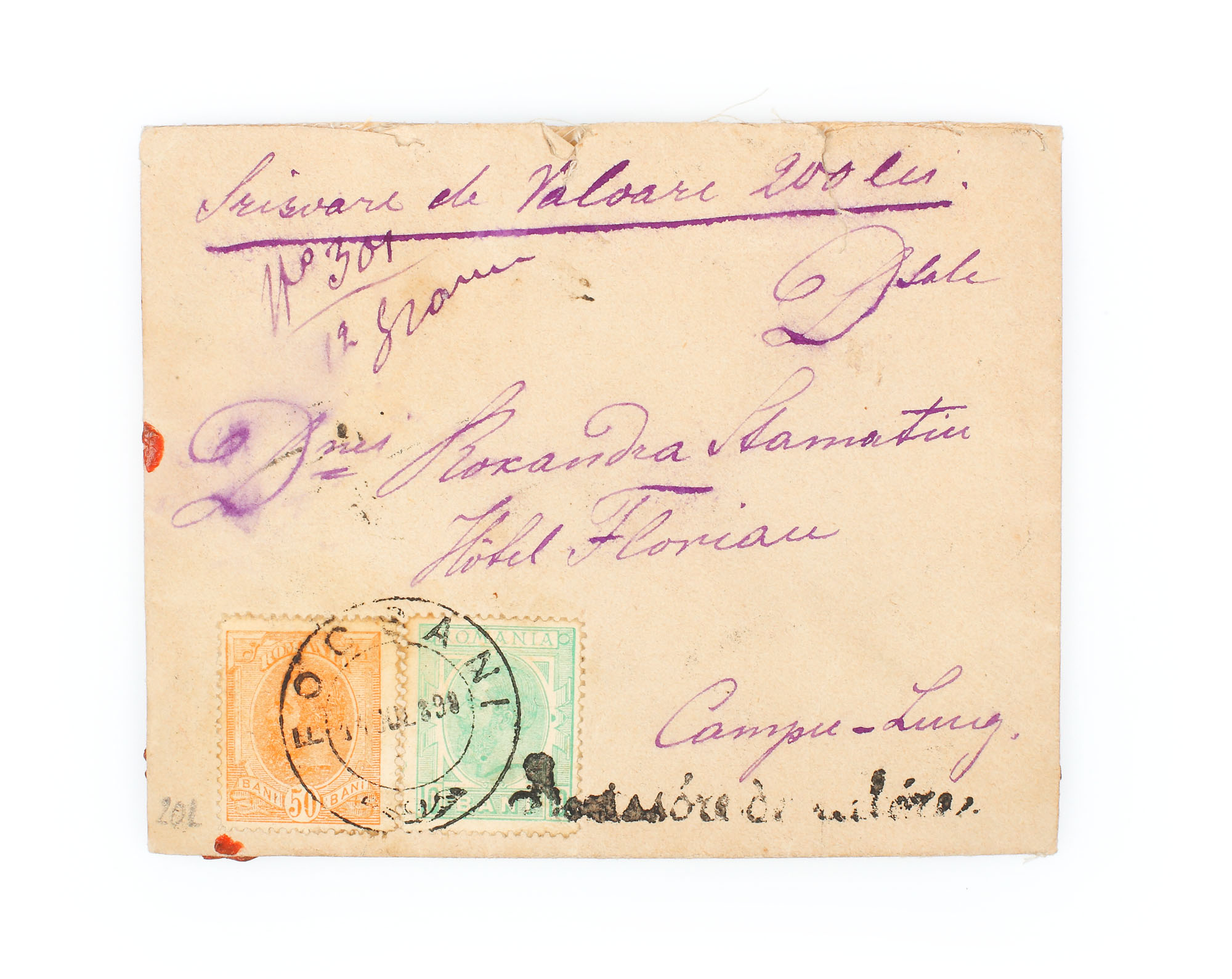Letter of "200 lei" value, franked with "Ear of Wheat" stamps, 50 and 5 bani, 1898