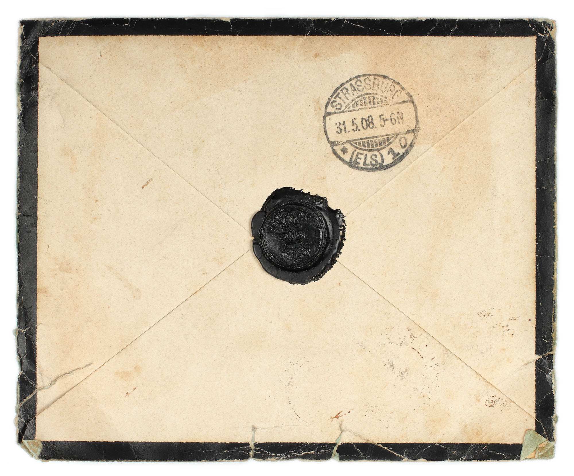 Mourning letter, possibly Queen Elizabeth's handwriting, franked with a "Ear of Wheat" 50 bani stamp, marked "Royal Palace - Bucharest", sent from Bucharest to Strasbourg, 29 May 1908