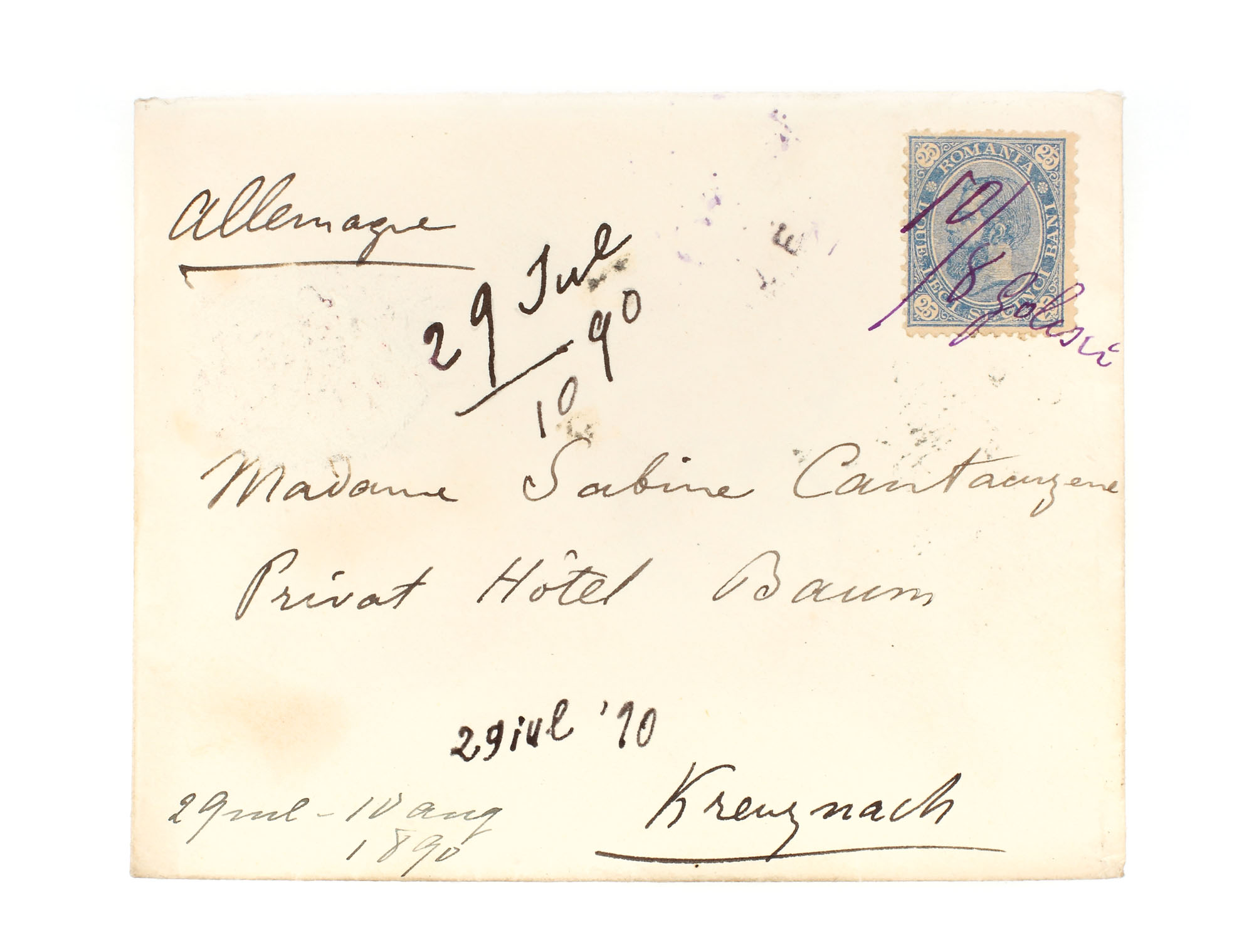Envelope franked with a "Carol - value in four corners" 25 bani stamp, sent to Kreuznach, 29 July 1910