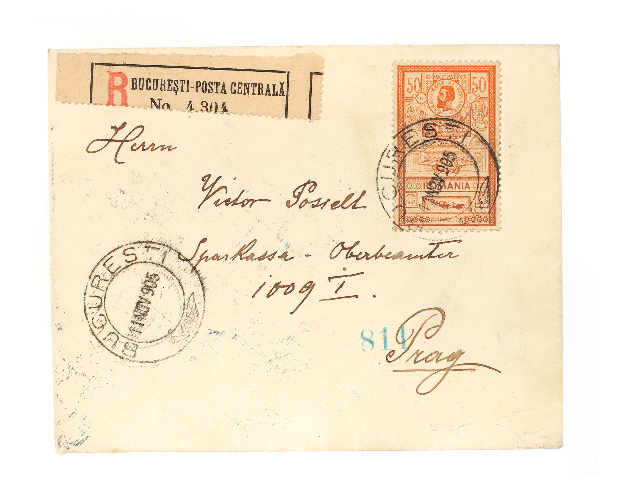 Plic francat cu timbru "Carol I şi noul oficiu poştal", de 50 de bani, trimis de la Bucureşti la Praga, 11 noiembrie 1905