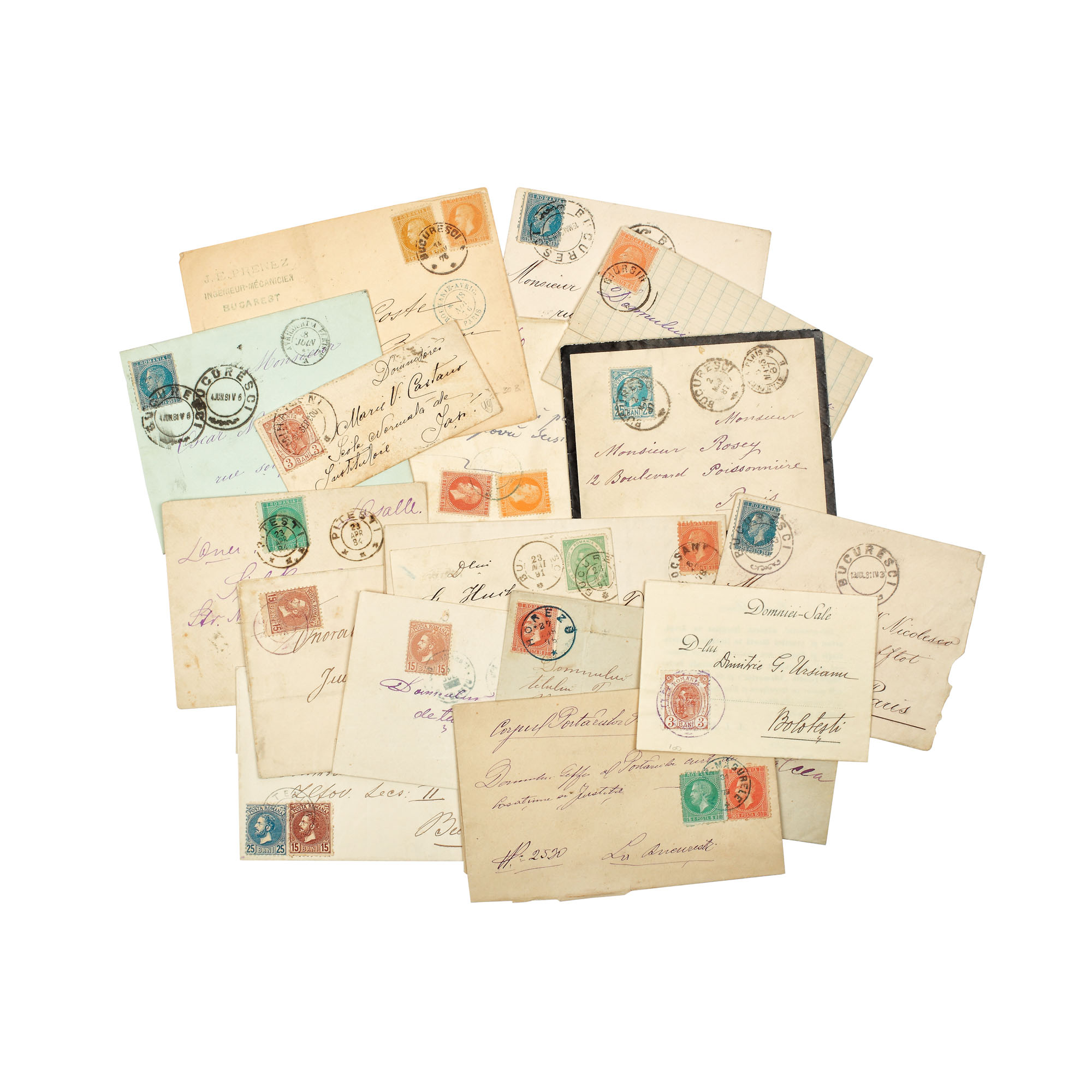 Lot consisting of 17 envelopes and letters franked with Romanian postage stamps 1872-1891
