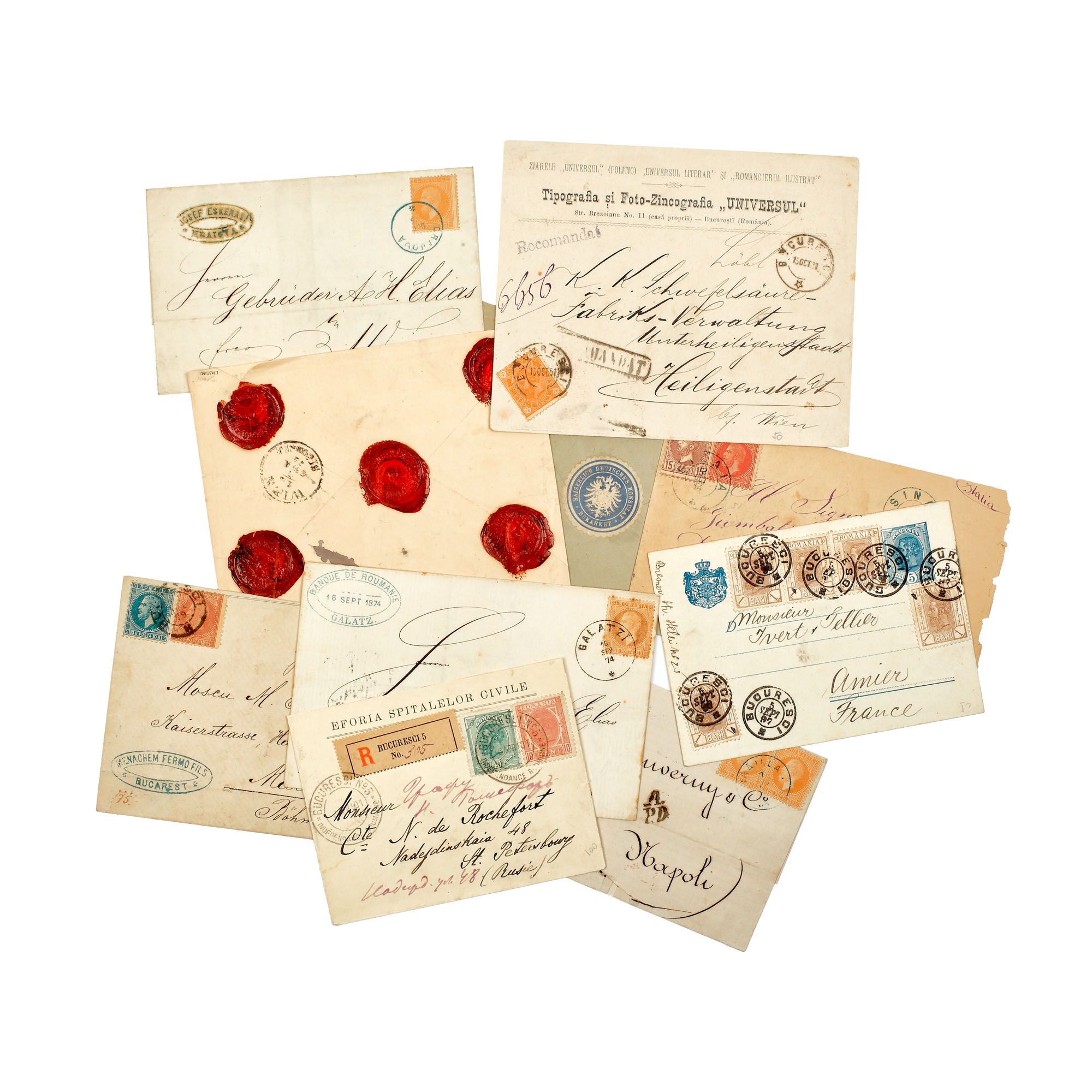 Lot consisting of 10 envelopes and letters franked with Romanian postage stamps 1872-1891, sent from Romania to other countries
