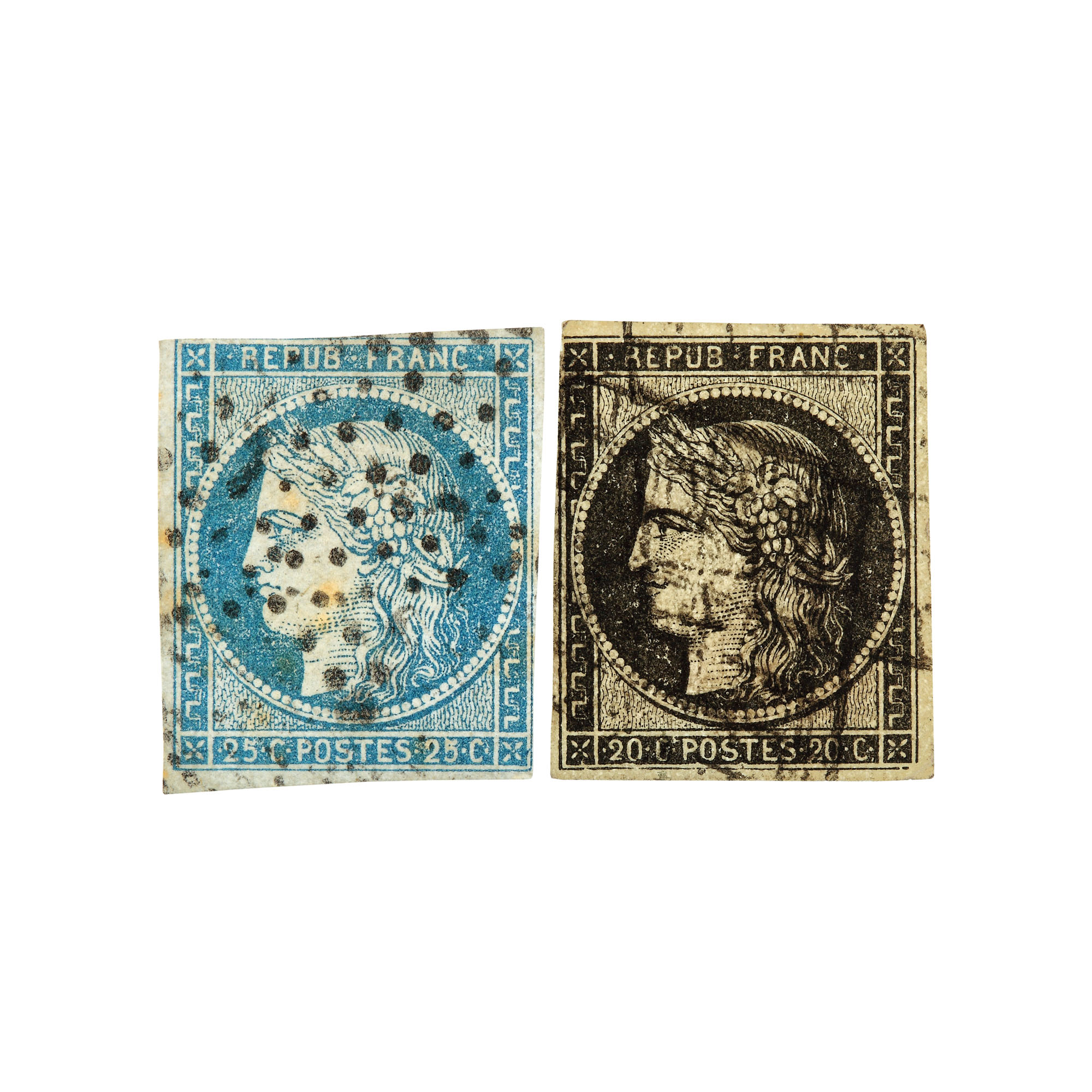 Lot consisting of two "Ceres" stamps, 20 and 25 cents, France, 1850, first postage stamp issue in the French Republic