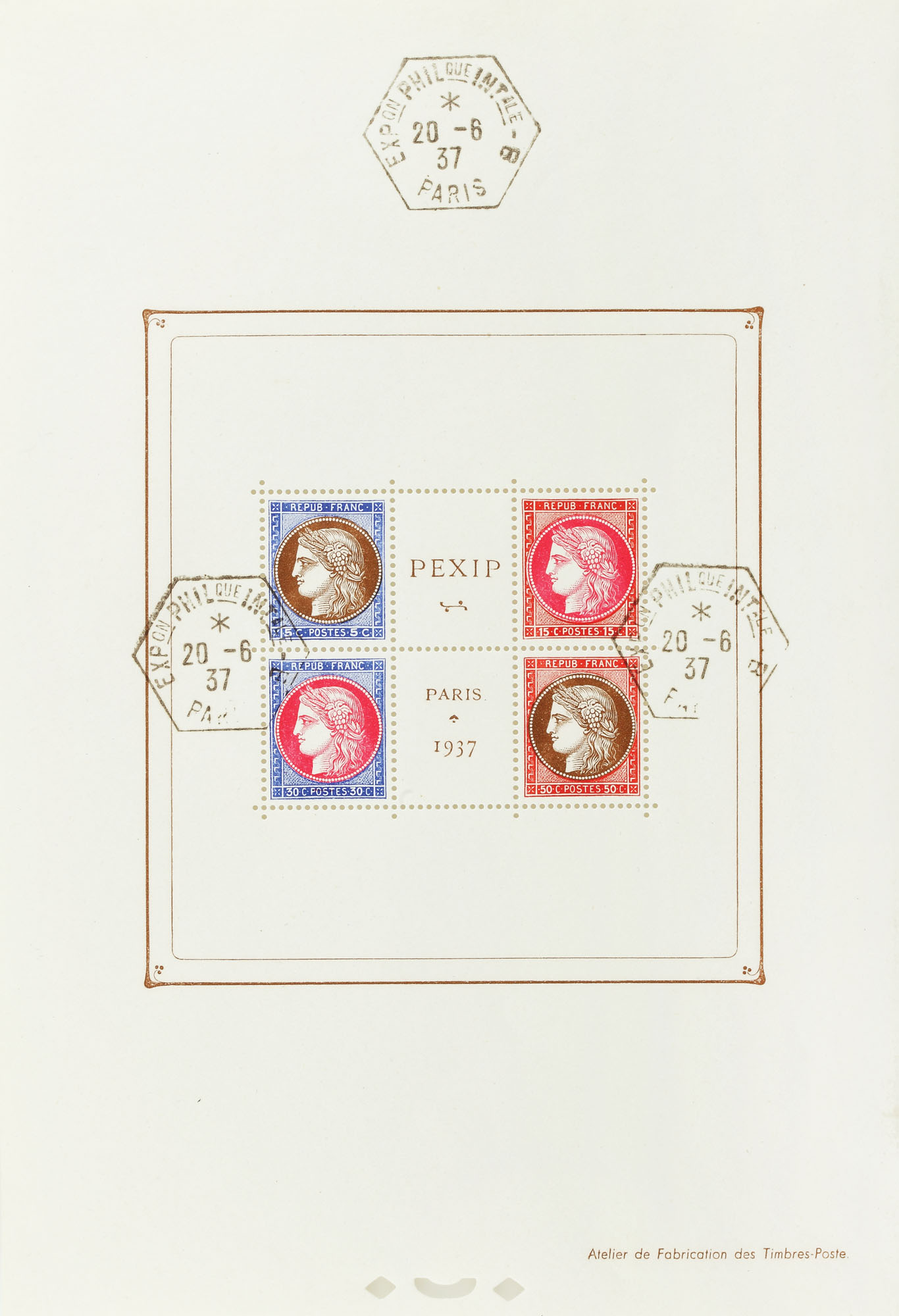 Sheetlet of four "Ceres" anniversary stamps, 5, 15, 30 and 50 cents, France, 1937