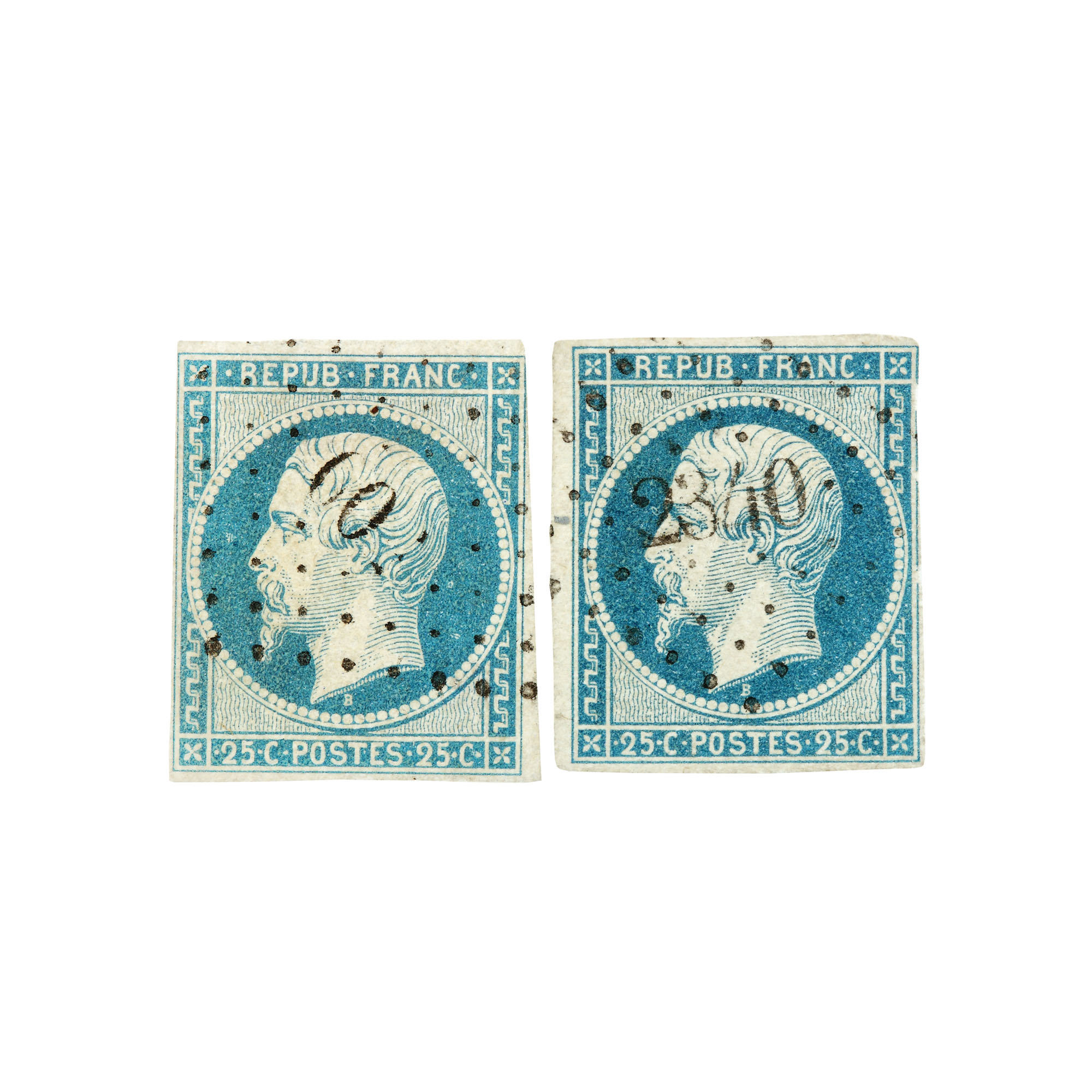 Lot consisting of two "Napoleon III" 25 cent stamps, France, 1852