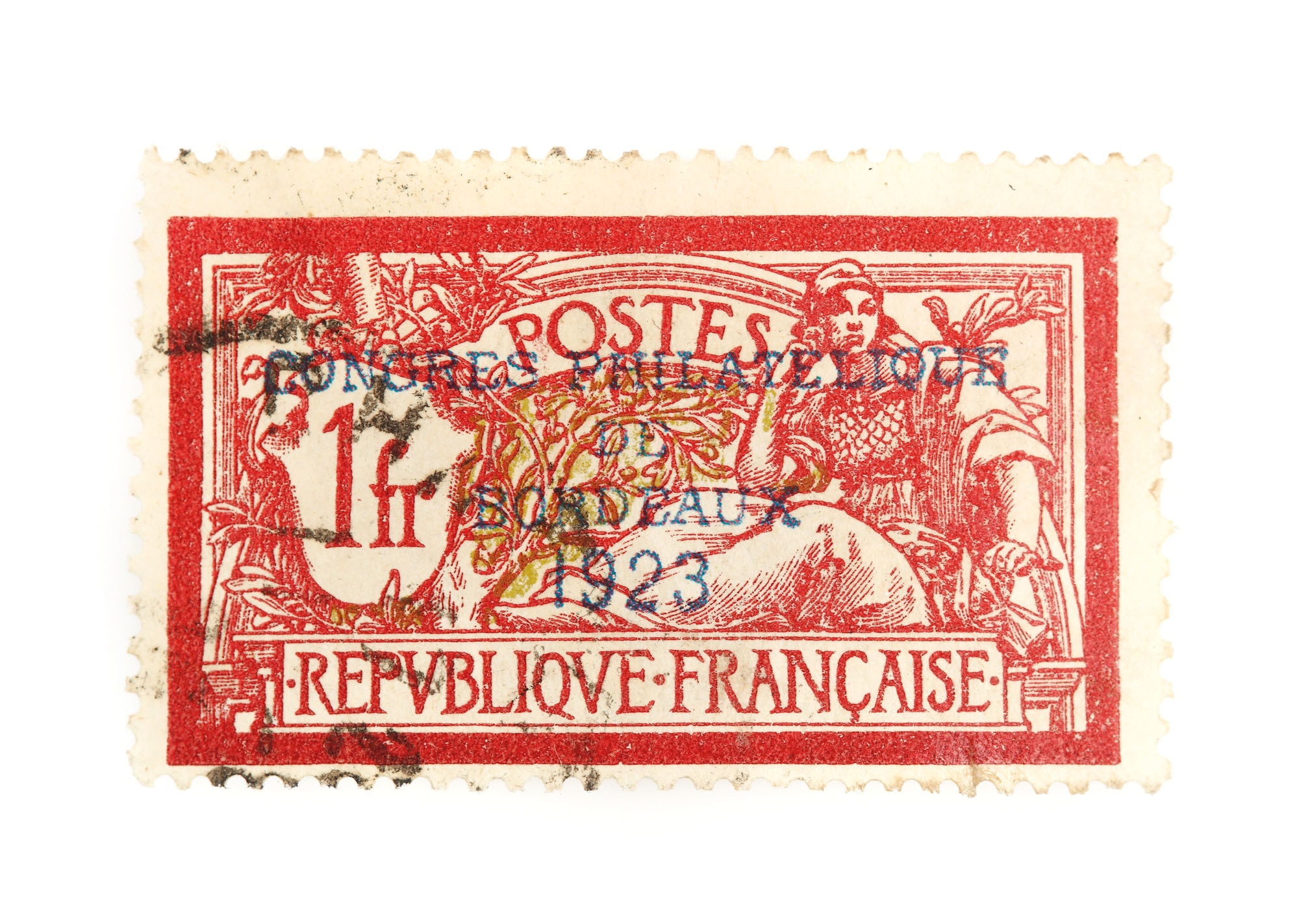 Timbru "Alegorie", tip Merson, ştampilată "Congresul Filatelic din Bordeaux, 1923", Franţa, 1923