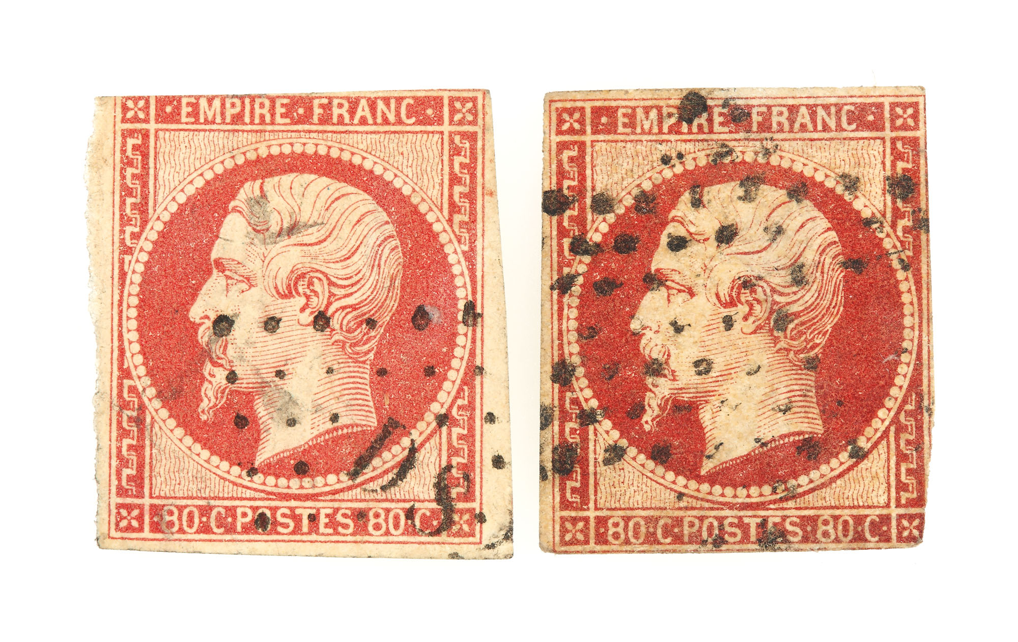 Lot consisting of 2 "Napoleon III" 80 cent stamps, France, 1854