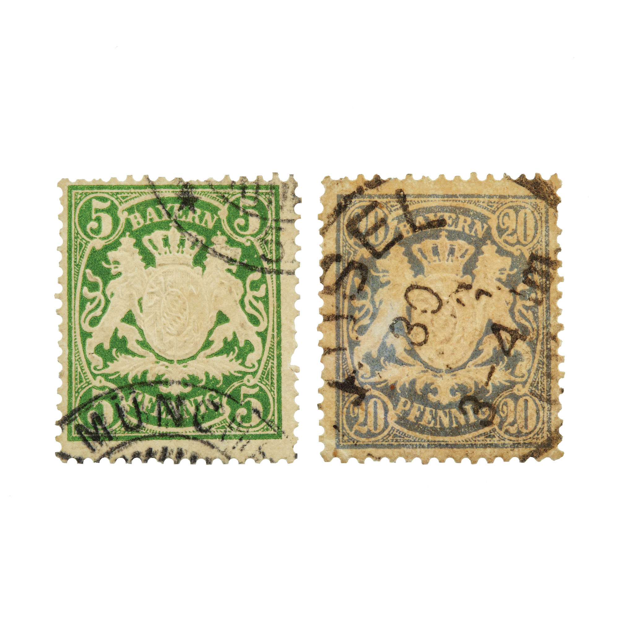 Lot consisting of 2 "Escutcheon" stamps, 5 and 20 pfennig, Bavaria, 1876
