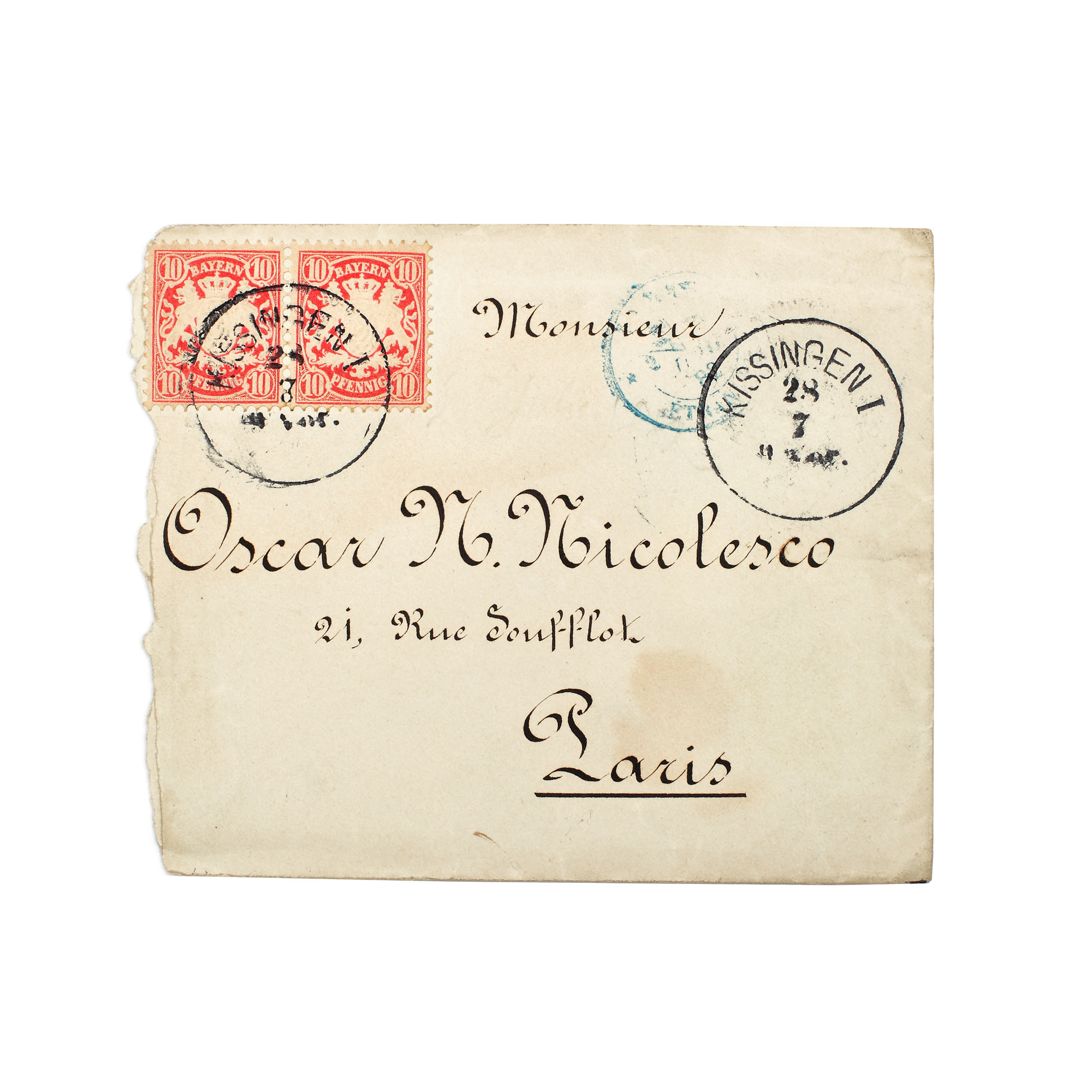 Envelope franked with a pair of 10 pfennig stamps, Bavaria, sent from Kissingen to Paris, 28 July 1882