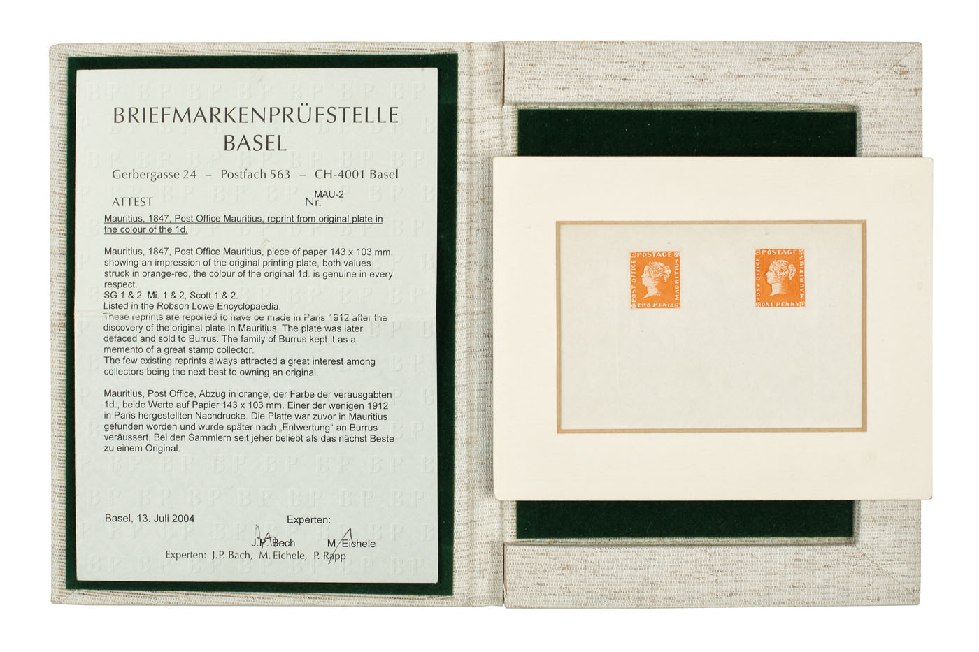 Paper reprinted from the original "Mauritius" 1 penny plate, 1847, exceptional philatelic piece with a certificate of authenticity