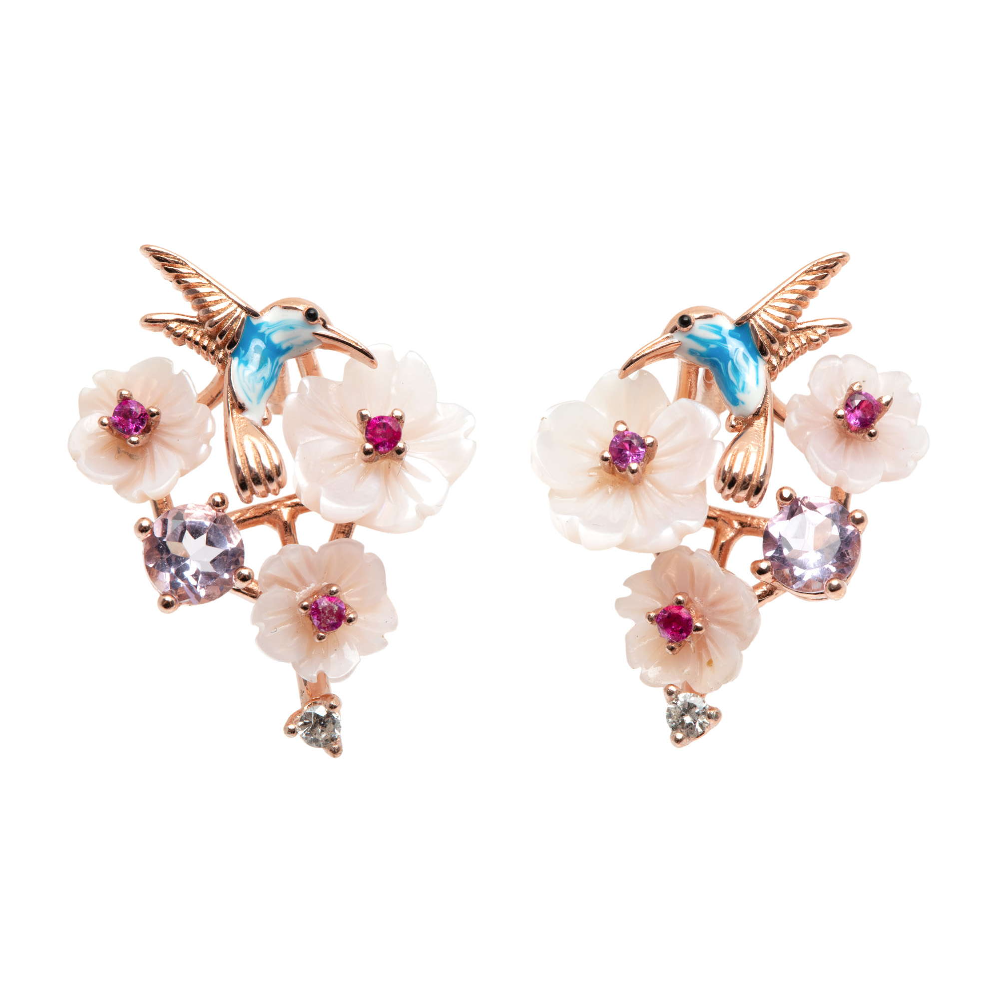 Pair of gilded silver earrings with rose gold, adorned with diamonds, enamel, carved mother-of-pearl and pink sapphires
