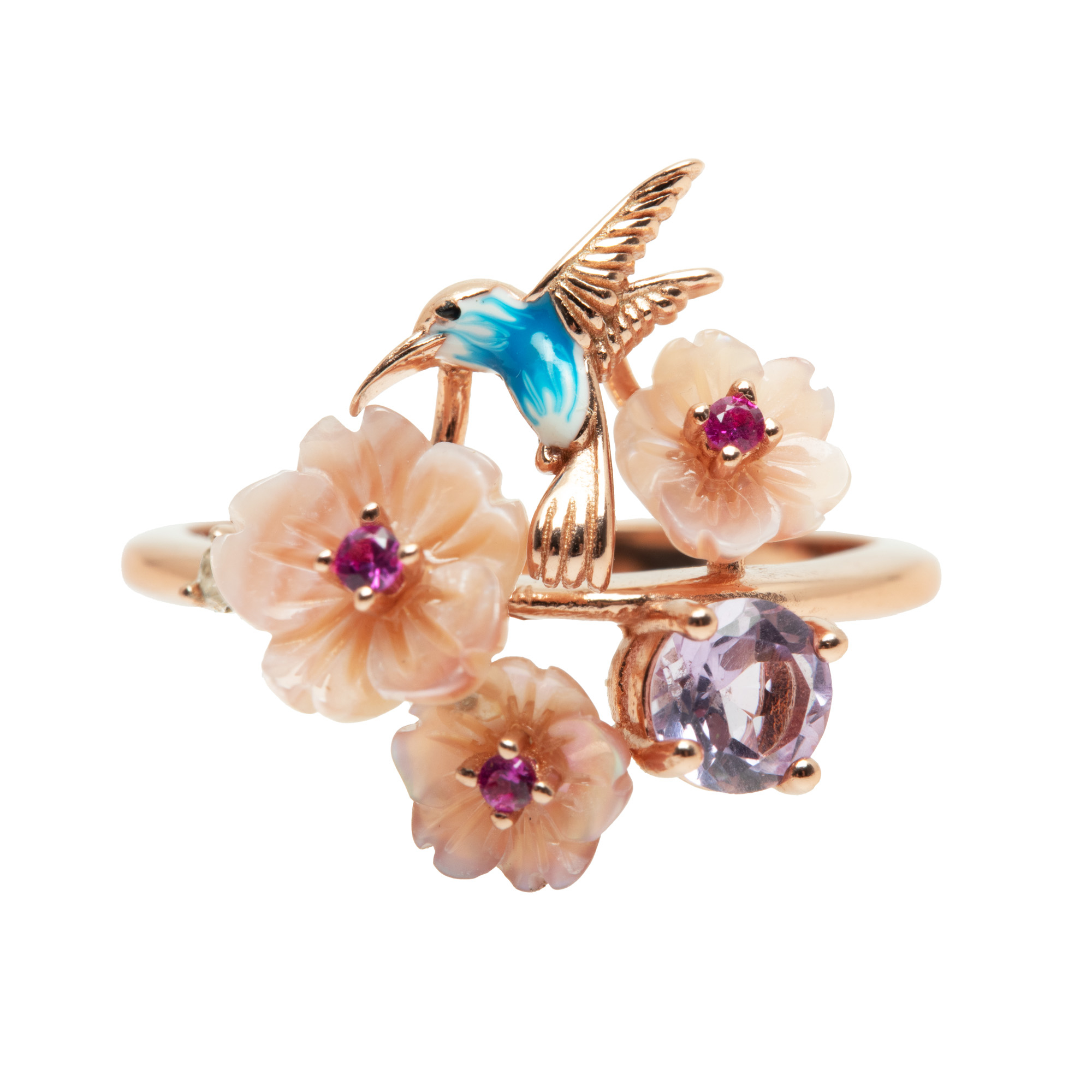 Gilded silver ring with rose gold, adorned with diamond, pink sapphires and carved mother of pearl