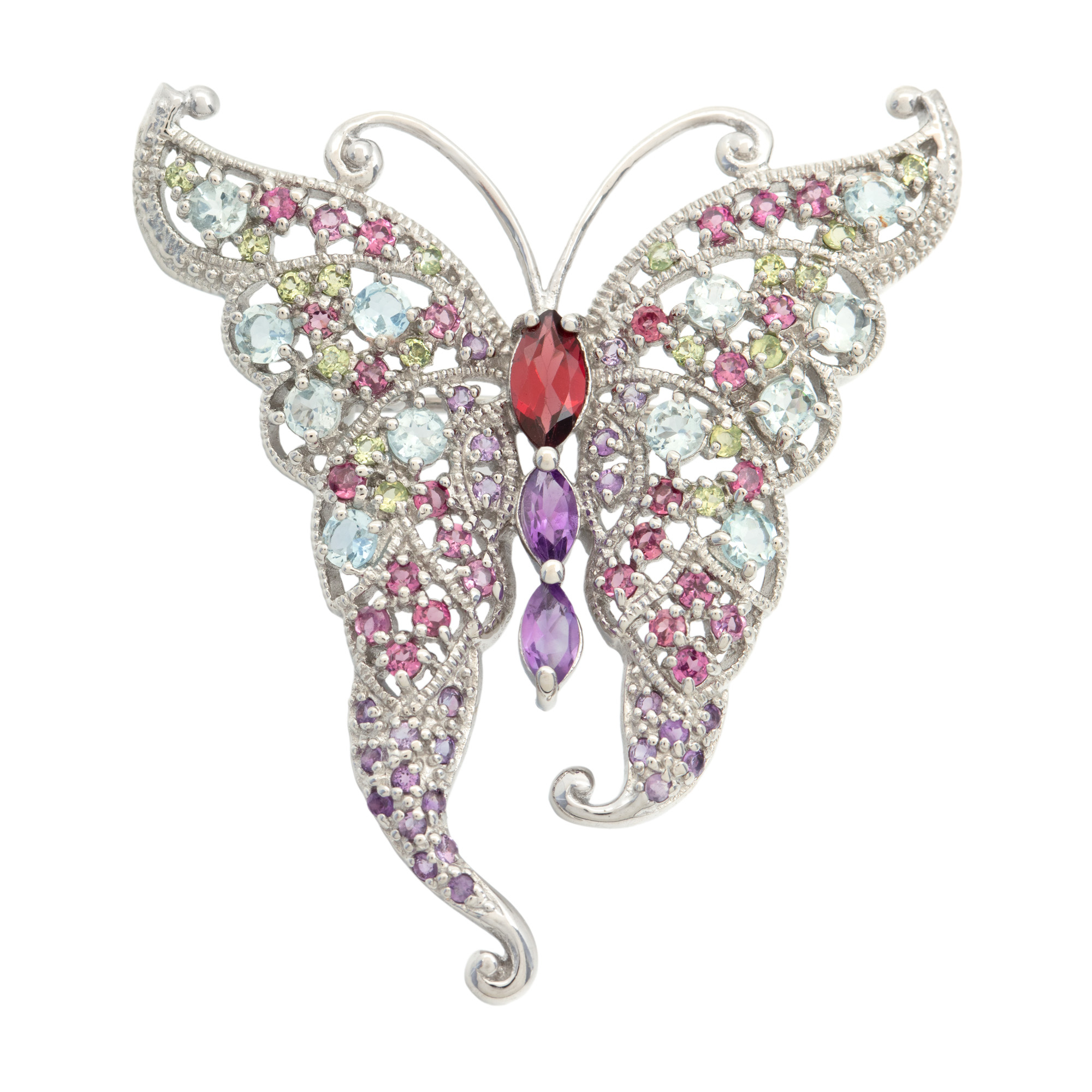 Gilded silver brooch in the shape of a butterfly, adorned with semi-precious stones