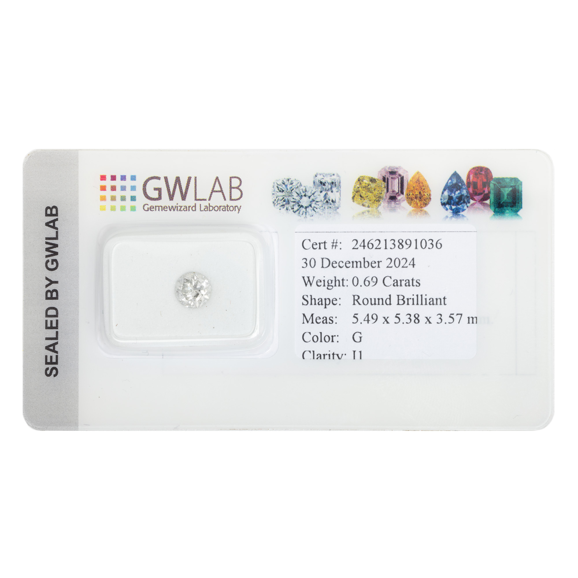 Round brilliant diamond, approx. 0.69 ct., accompanied by GWLAB gemological certificate