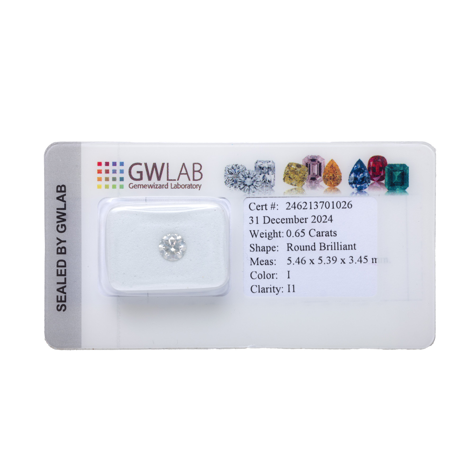 Diamant rotund briliant, cca. 0,65 ct., însoțit de certificat gemologic GWLAB