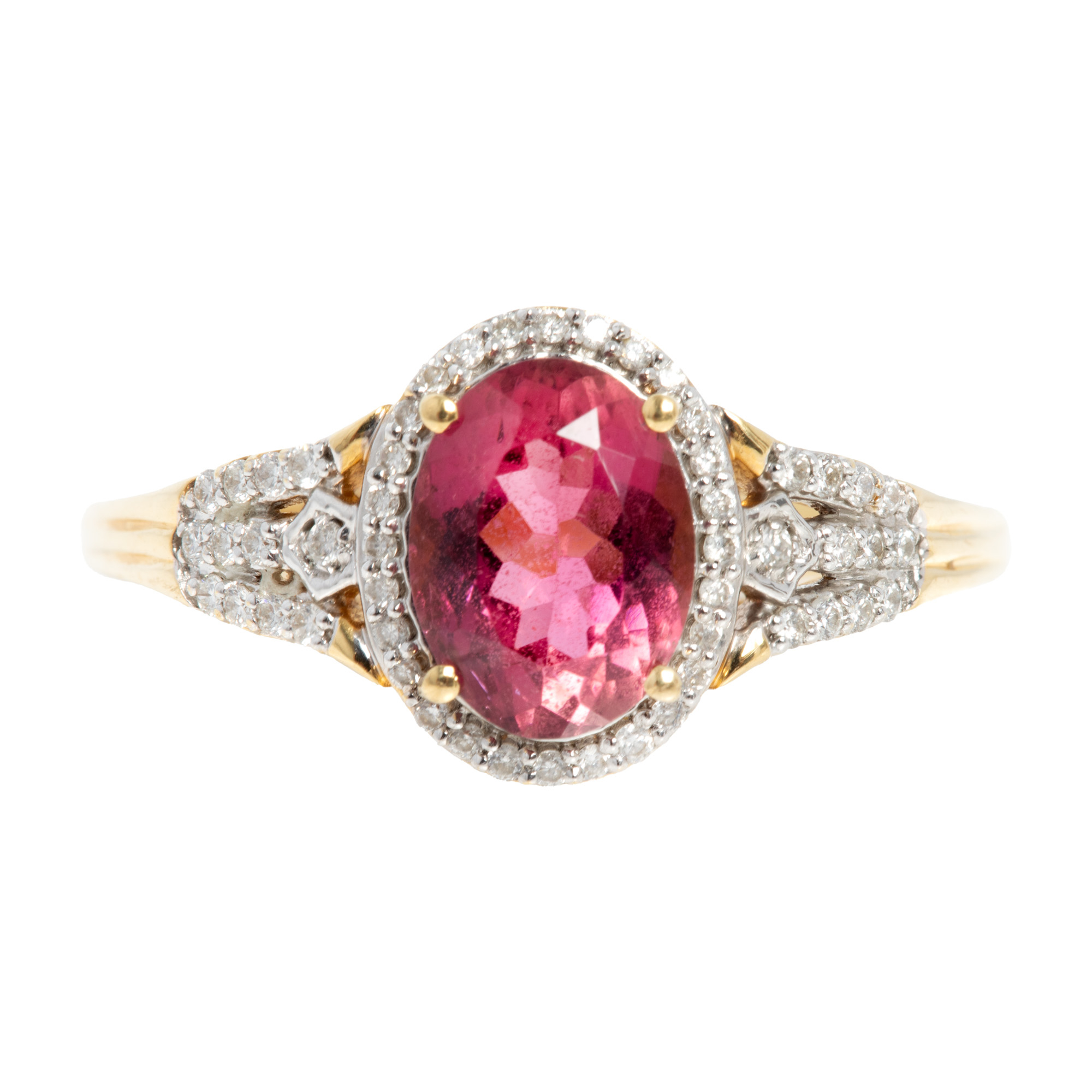 Gold ring, centrally decorated with a tourmaline surrounded by diamonds