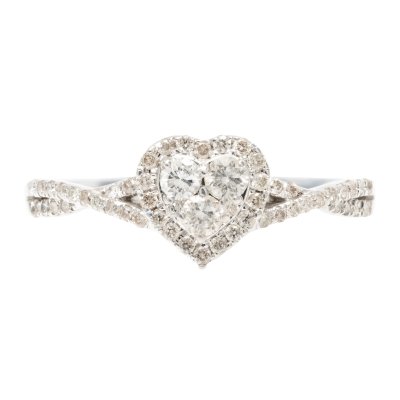 White gold ring, in the shape of a heart, decorated with diamonds