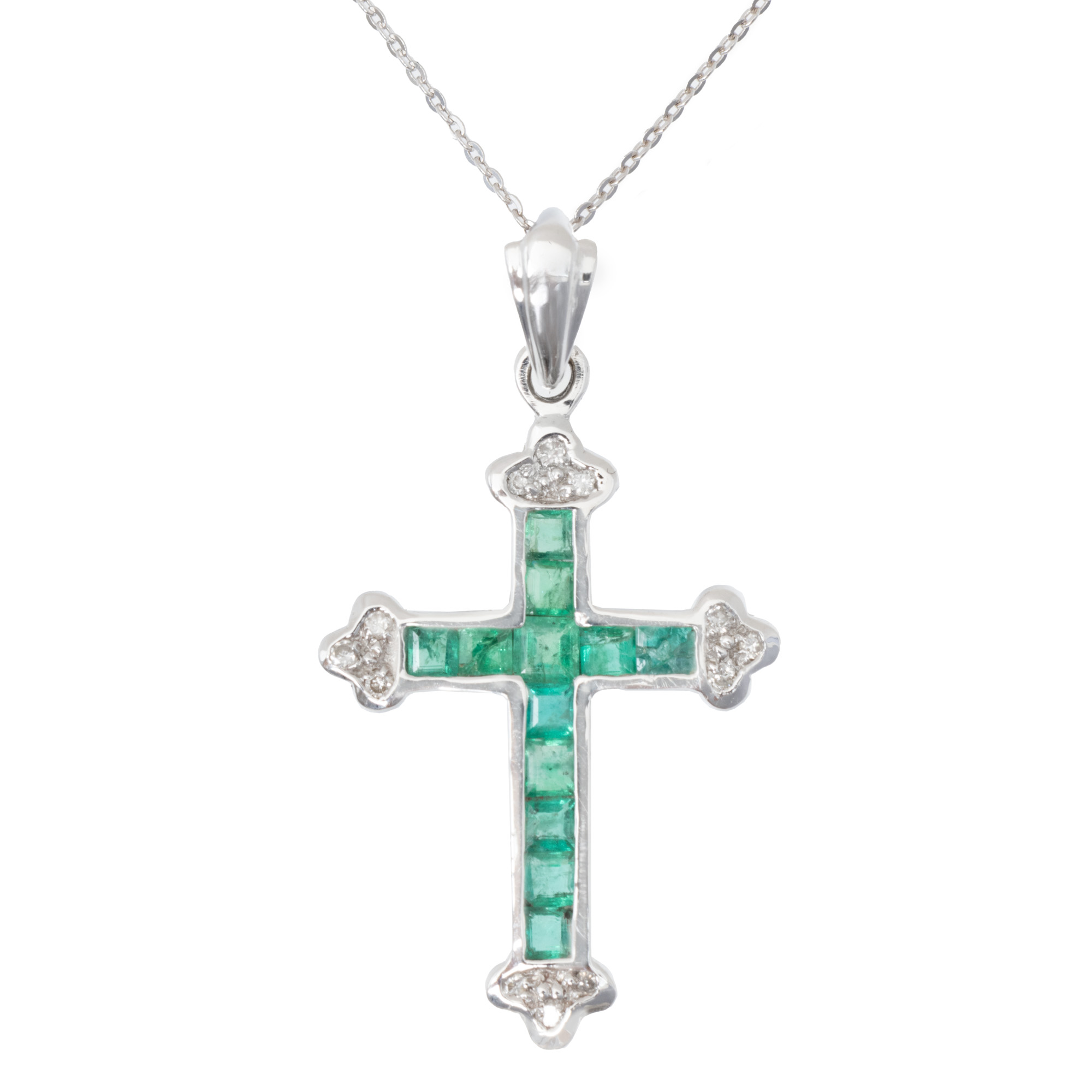 Franklin Mint white gold chain with cross pendant, decorated with emeralds and diamonds