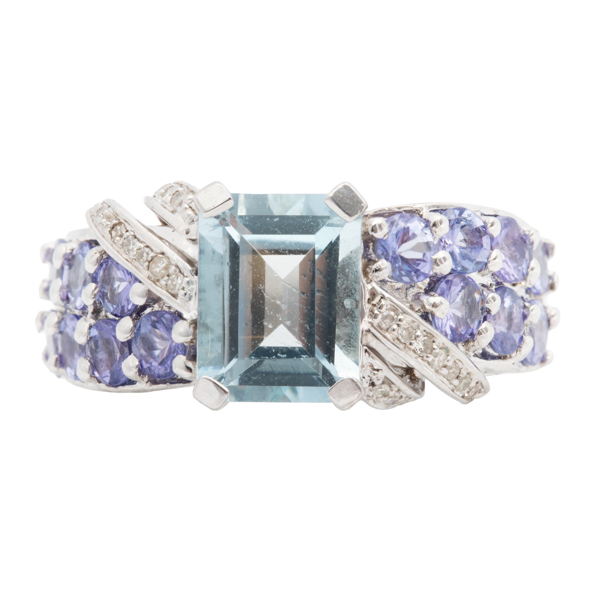Inel din argint, decorat cu diamante, acvamarin și tanzanite