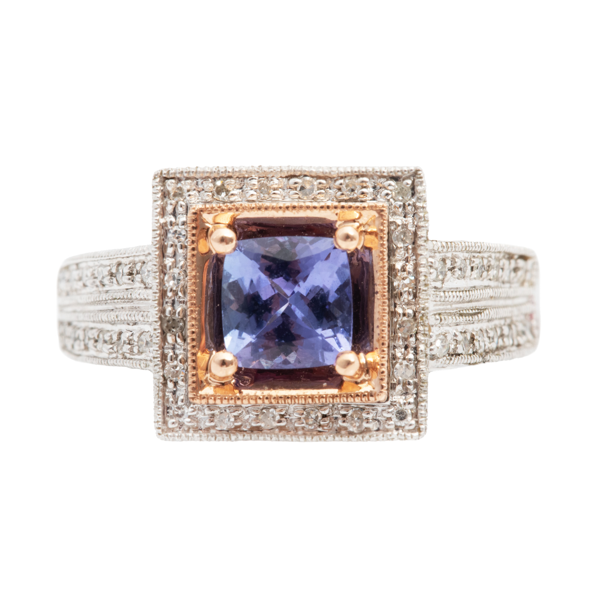 Silver ring, decorated with tanzanite and diamonds