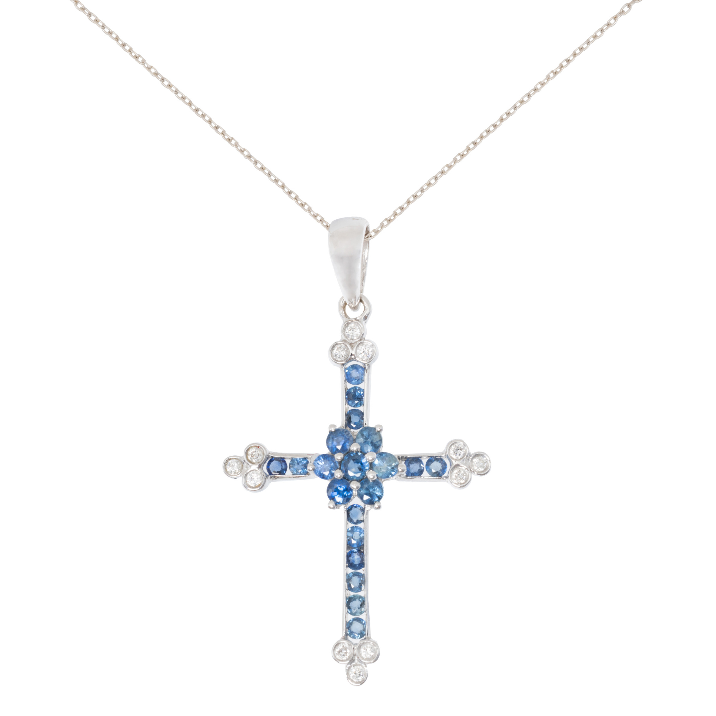 White gold chain with a cross pendant, decorated with sapphires and diamonds