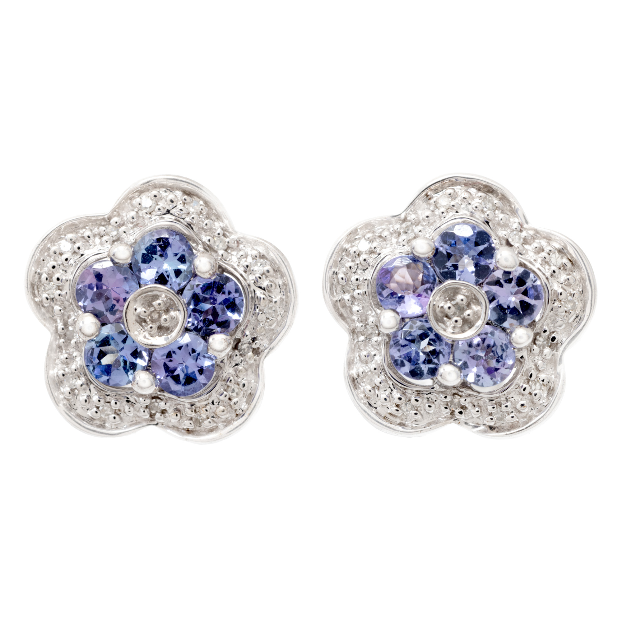 Pereche de cercei din argint, sub formă de floare, decorată cu tanzanite și diamante