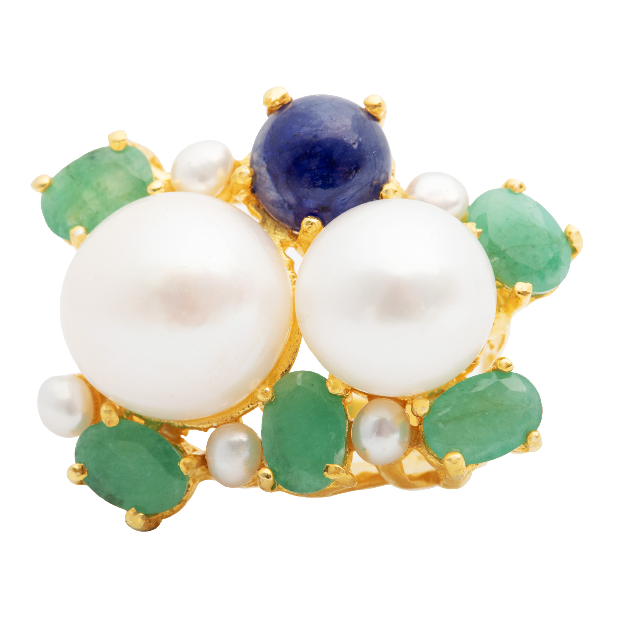 Gilded silver ring, decorated with pearls, emeralds and sapphire