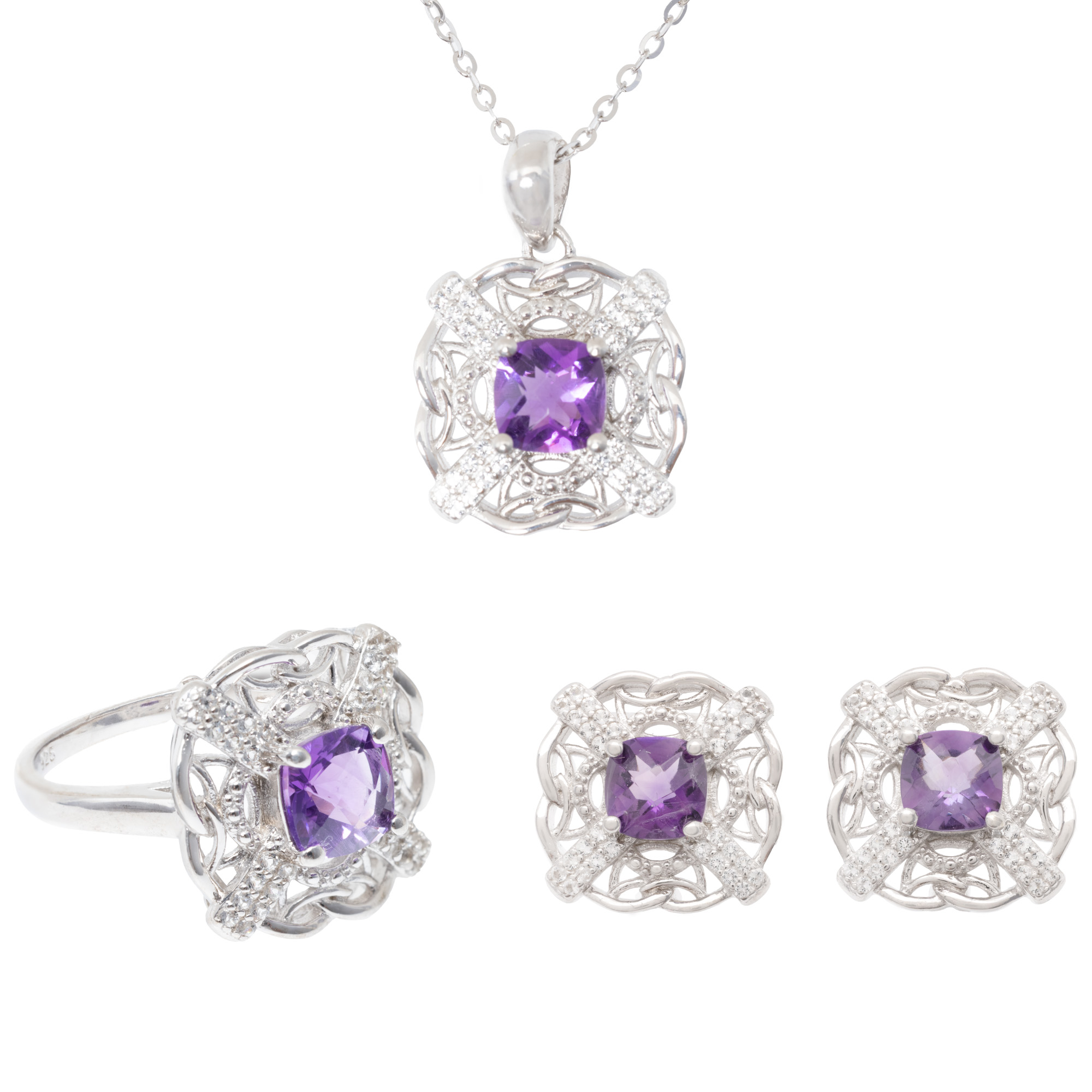 Silver set, consisting of pendant necklace, ring, and earrings, decorated with amethysts and topaz