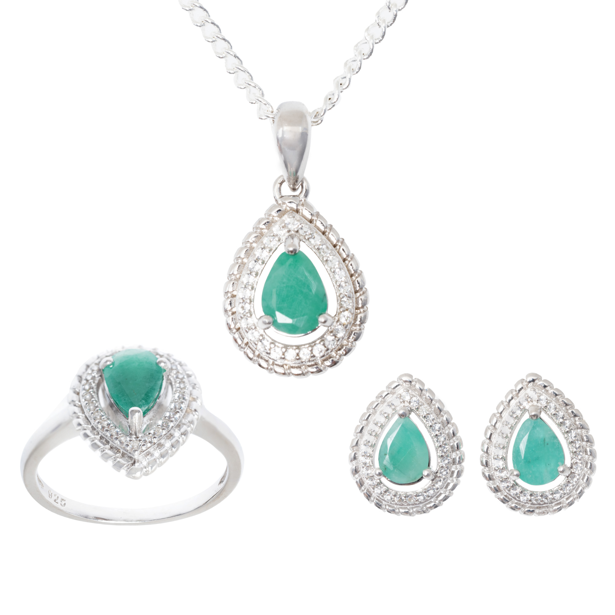 Set of silver, consisting of ring, necklace with pendant and pair of earrings, decorated with emeralds and topazes