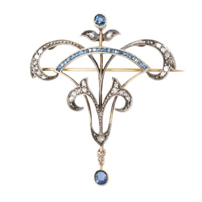 Broșă din aur și argint, decorată cu safire și diamante, însoțită de certificat gemologic suplimentar