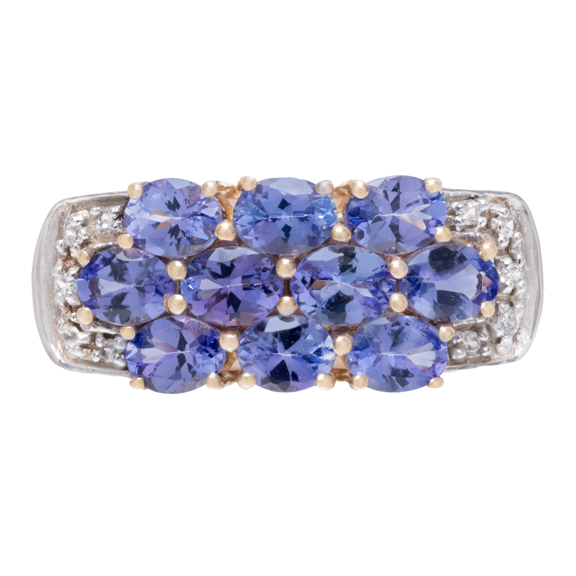 Bicolor gold ring, decorated with tanzanites and natural zircon, accompanied by additional gemological certificate