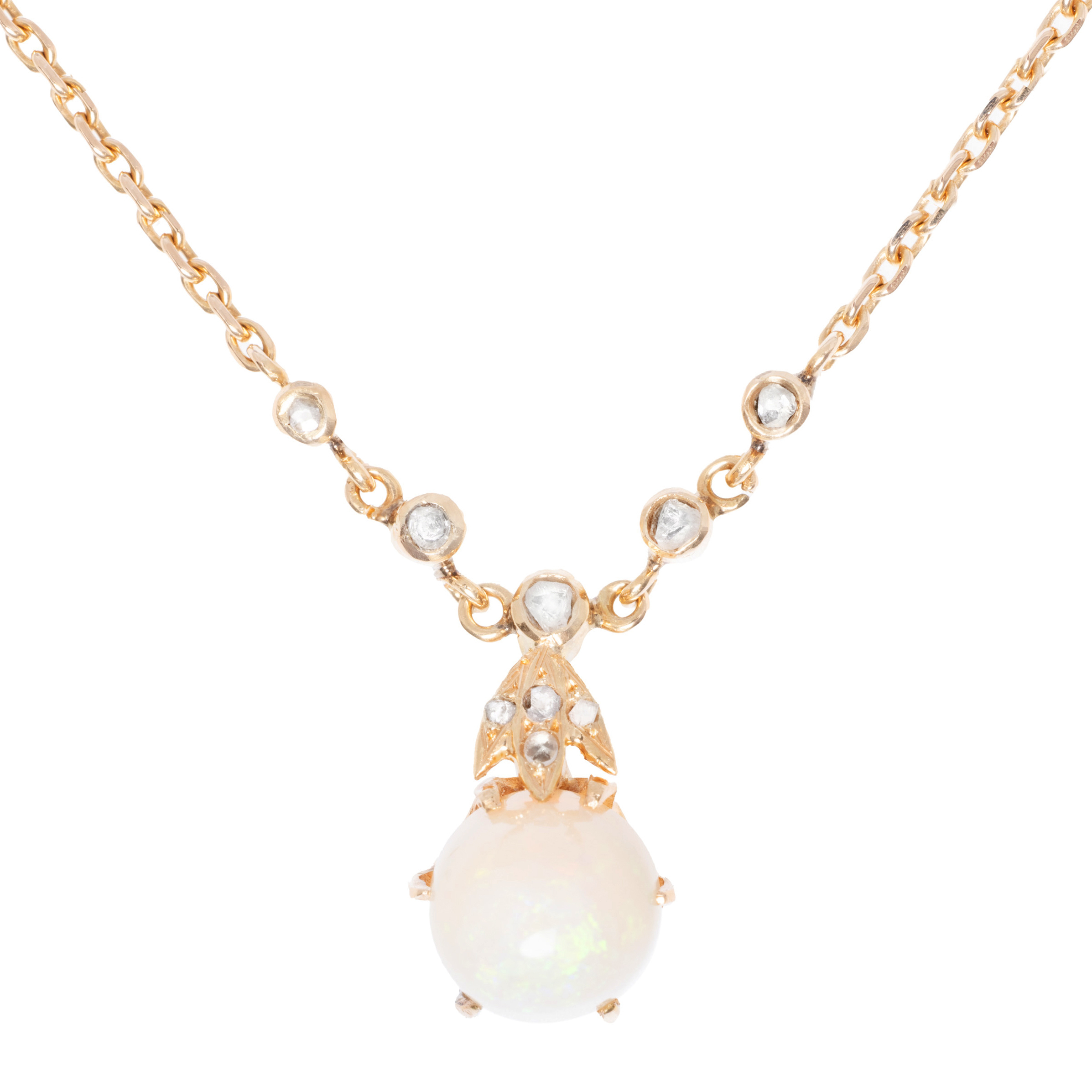 Gold necklace decorated with opal and diamonds, accompanied by additional gemological certificate