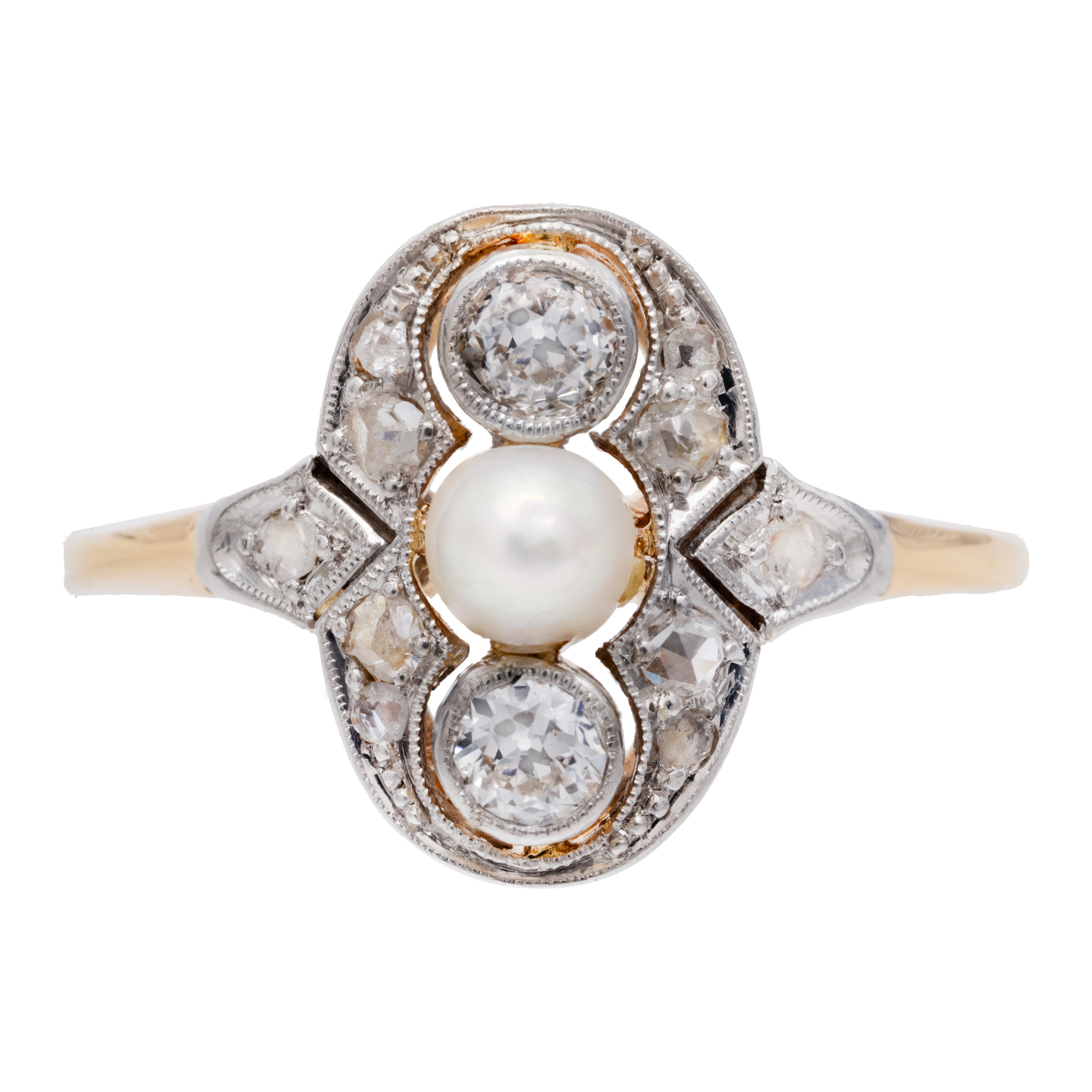 Art Deco gold and platinum ring, decorated with diamonds and pearl, accompanied by additional gemological certificate
