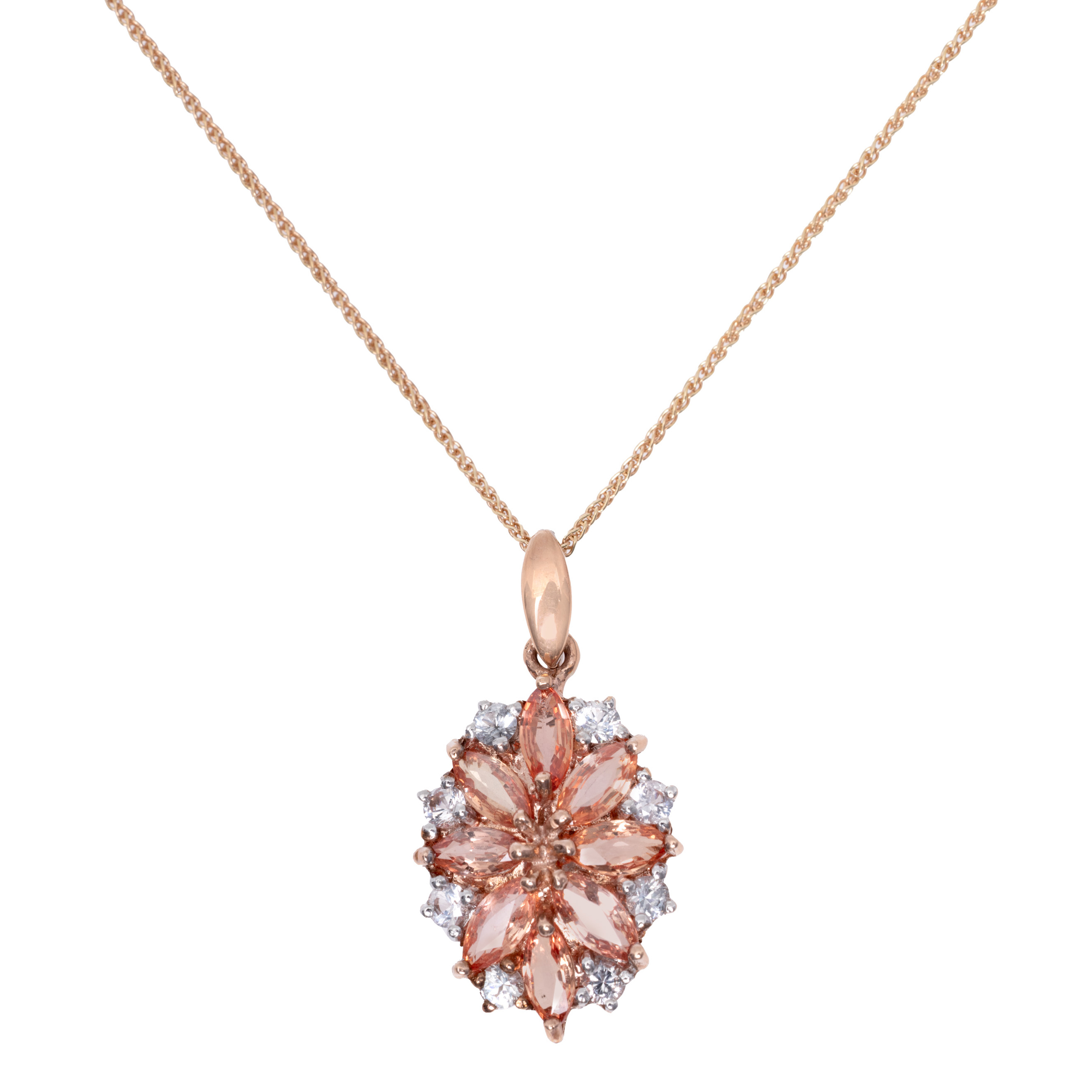 Bicolor gold chain with pendant, decorated with white and orange sapphires, accompanied by additional gemological certificate