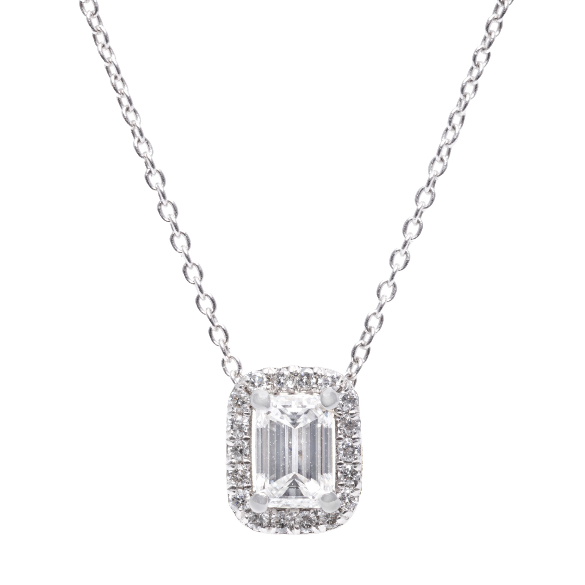 Lanț cu pandantiv din aur alb, decorat cu diamant emerald cut și diamante briliante, însoțit de certificat gemologic suplimentar
