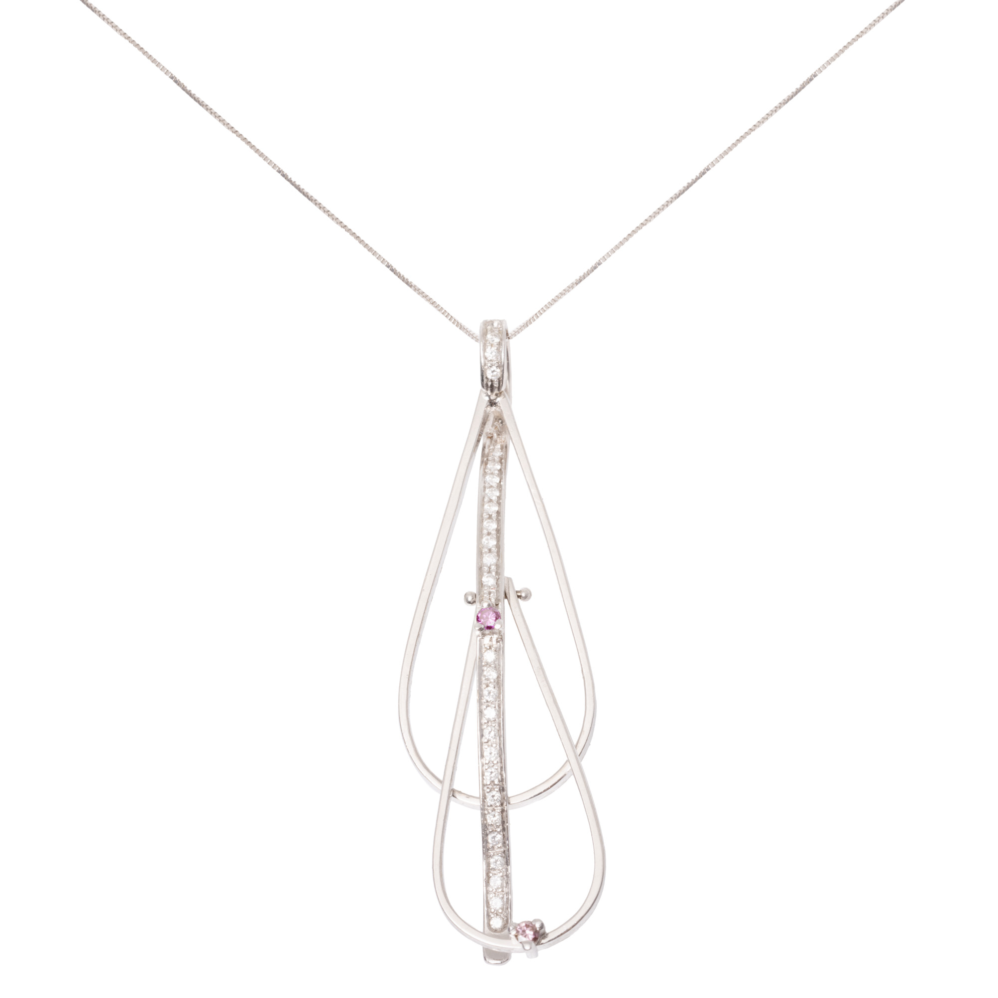 White gold chain with pendant decorated with pink diamonds and white diamonds, accompanied by additional gemological certificate