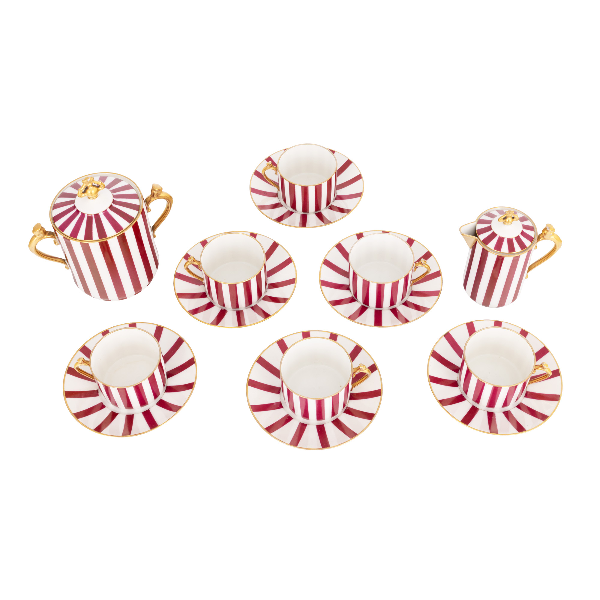 Art Deco breakfast service, Chabrol Frères & Poirier, made of porcelain, consisting of six cups with plates, creamer and sugar bowl, circa 1930, comes from the Blendea family collection