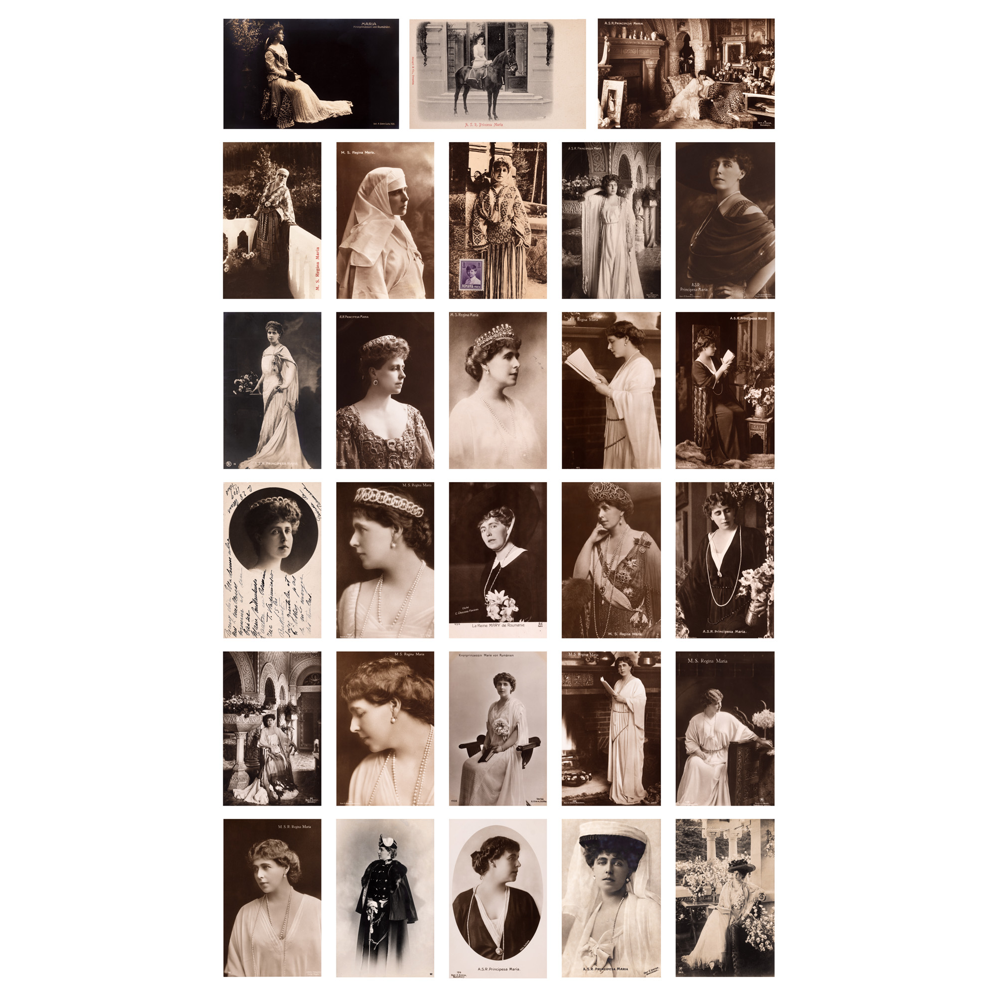 Splendid lot format din 28 de cărți poștale fotografice ilustrând-o pe Regina Maria, diverse edituri românești și străine, cca. 1916-1930