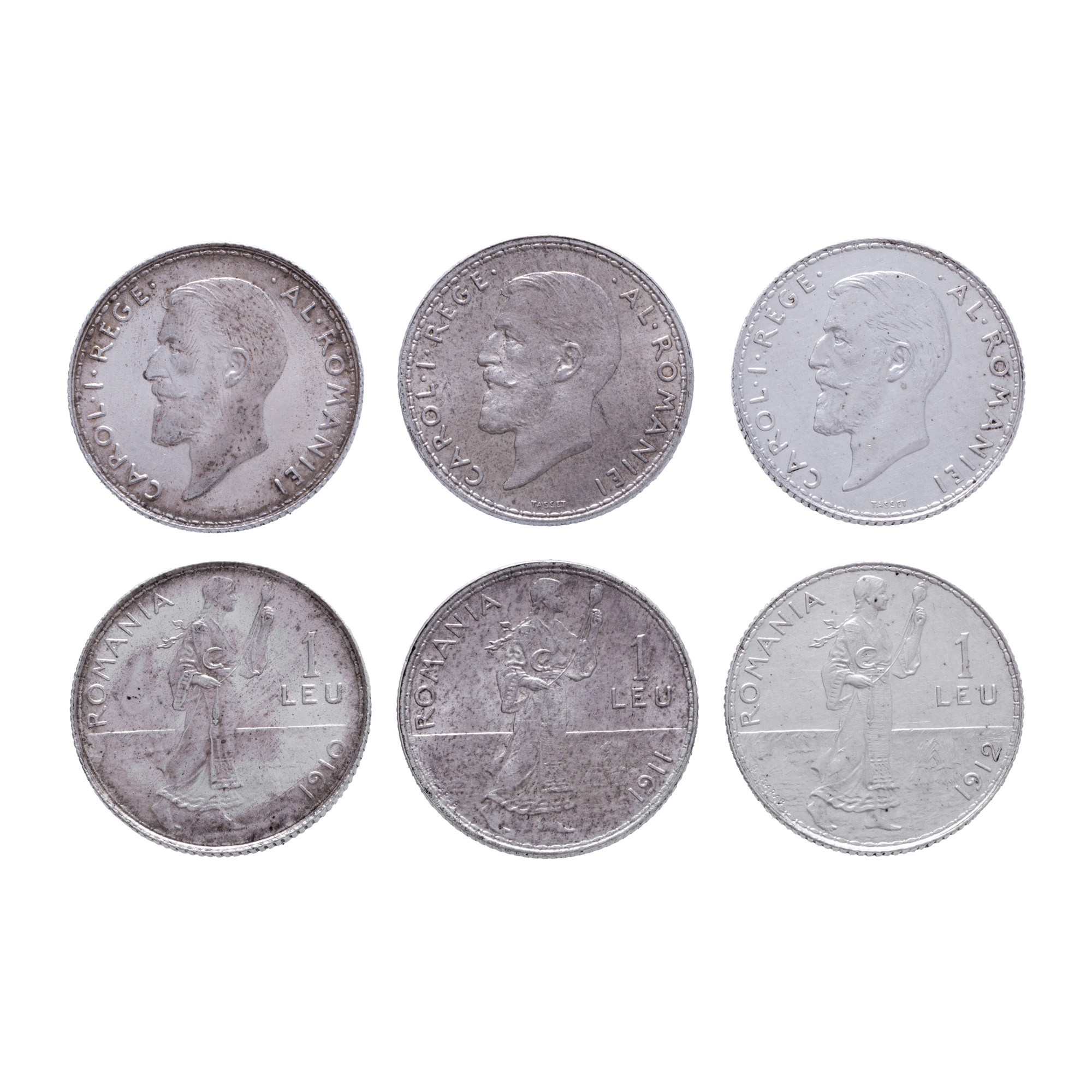 Lot consisting of three 1 Leu coins, 1910, 1911 and 1912, uncirculated, silver