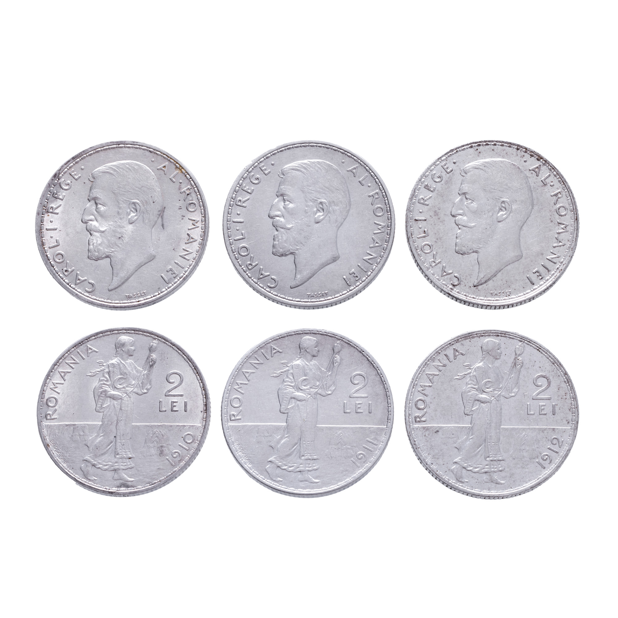 Lot format din trei monede de 2 Lei, 1910, 1911 și 1912, necirculate, argint