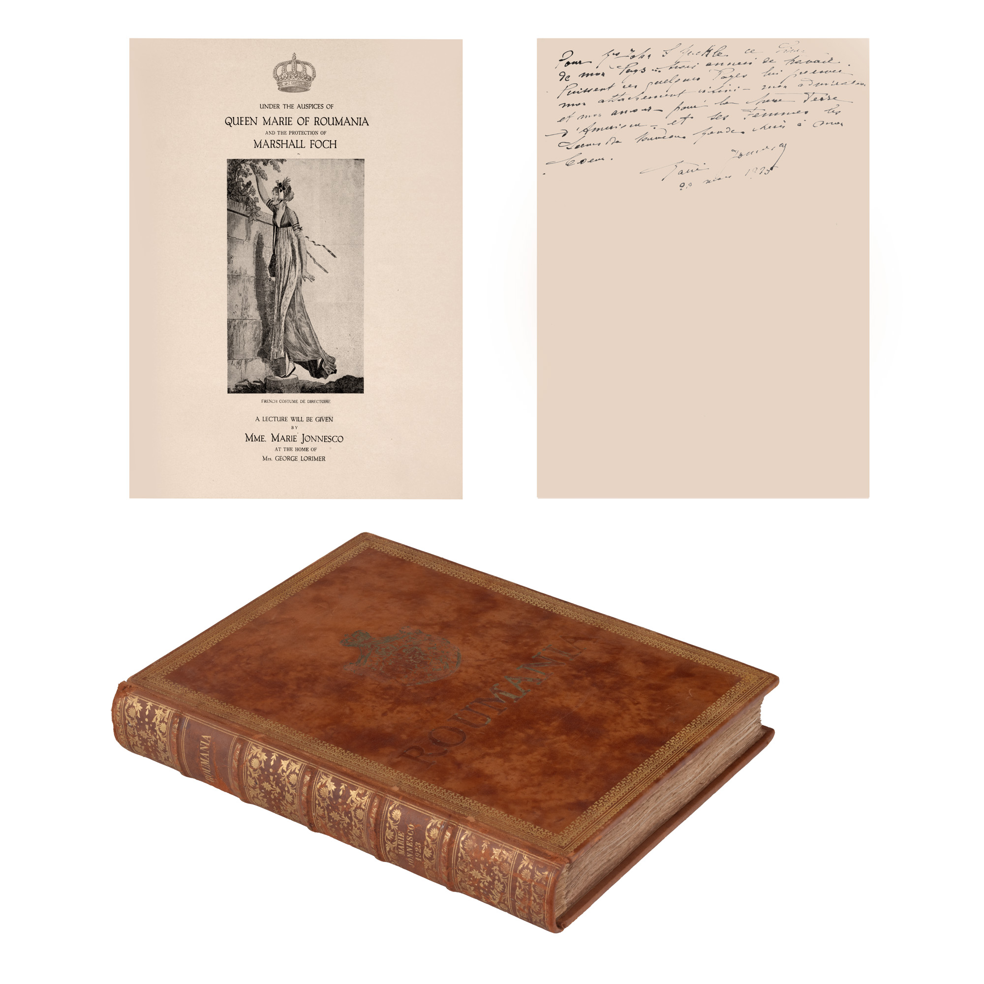 "România" (Ode to Roumania), de Regina Maria, editată de Maria Ionescu, engleză, Paris, 1923, ediție de lux, exemplarul 19/100, cu 64 de fotogravuri, cu dedicația olografă a editorului, cu etuiul original, însoțită de programul unui eveniment organizat în onoarea României, piesă extrem de rară, de colecție