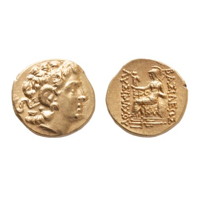 Monedă Stater, Mithridates VI Eupator, Regele Pontului, în numele lui Lysimachos, bătută la Callatis, cca. 88-86 î.e.n., aur, piesă de excepție