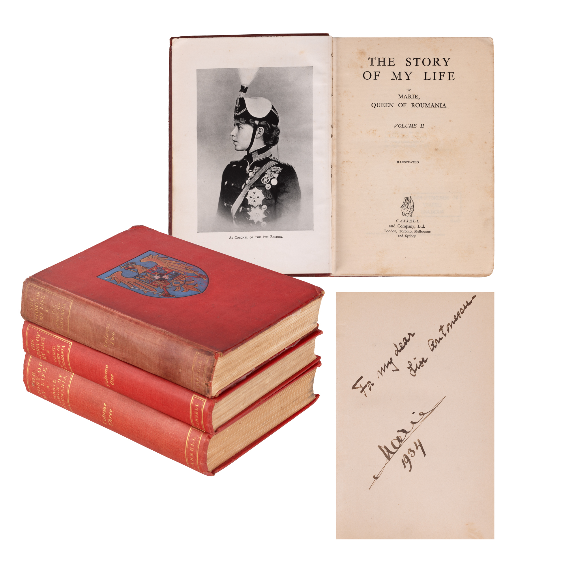 ”Povestea vieții mele”, de Regina Maria a României, trei volume, engleză, Londra, 1934-1935, cu dedicația olografă a Reginei și ex-libris